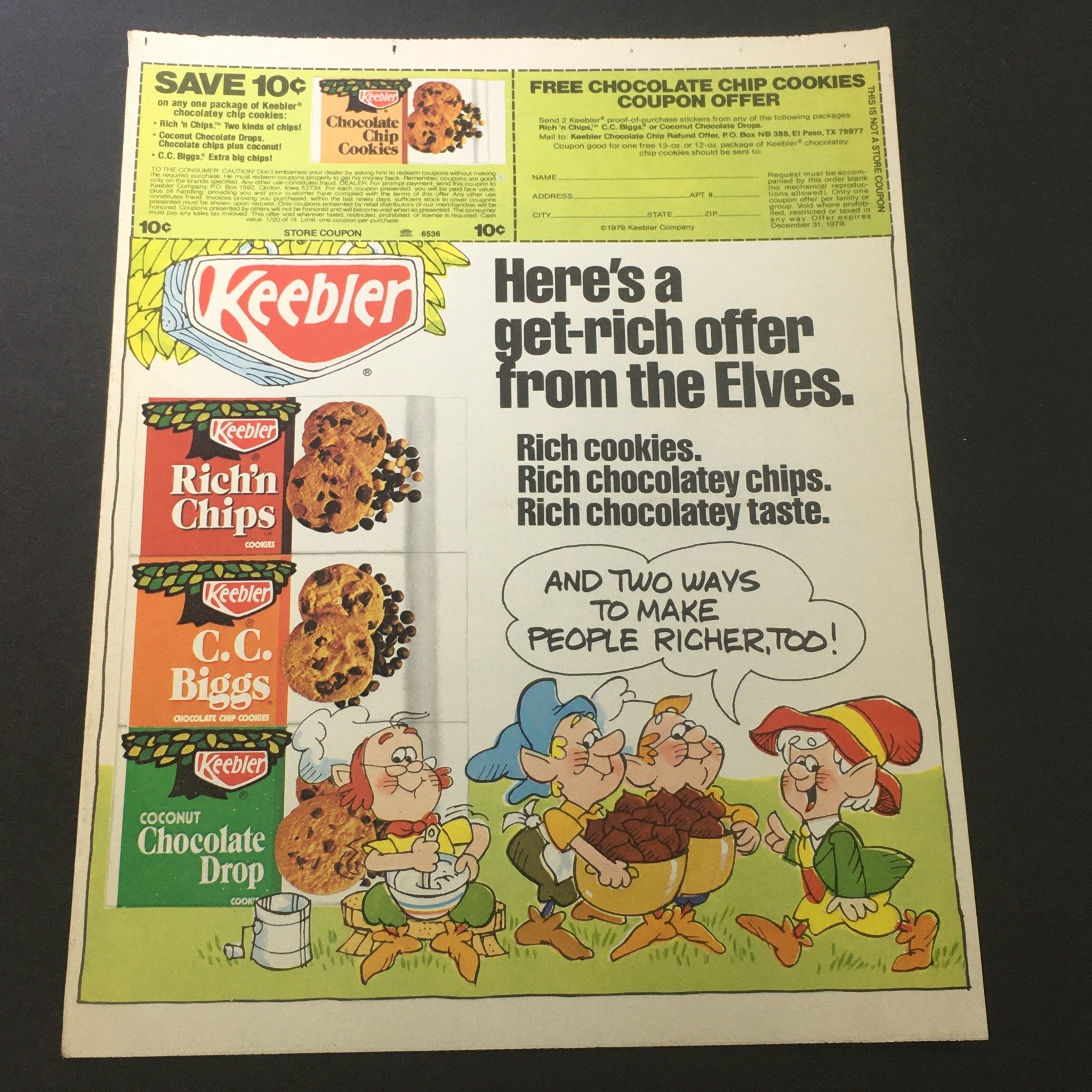 VTG 1979 Keebler Rich'n Chips, C.C. Biggs & Coconut Chocolate Drop Ad Coupon