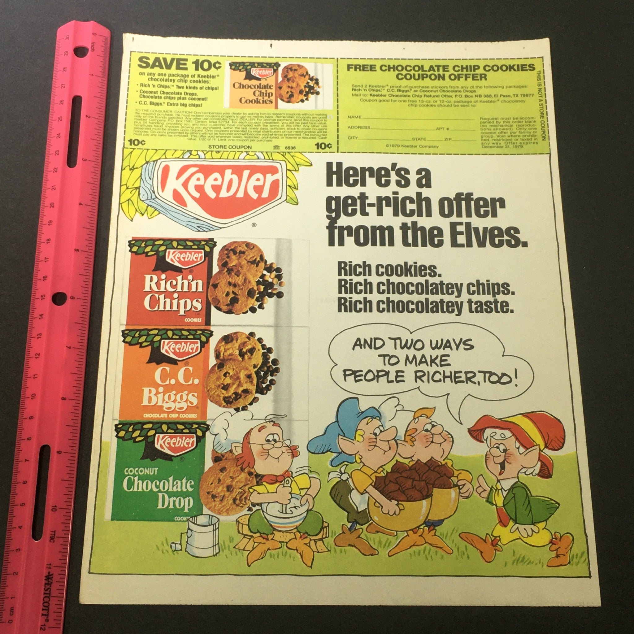 VTG 1979 Keebler Rich'n Chips, C.C. Biggs & Coconut Chocolate Drop Ad Coupon