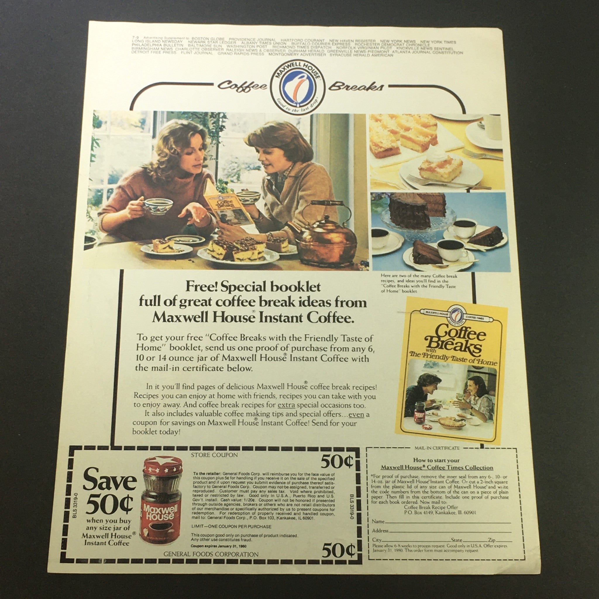 VTG Retro 1980 Maxwell House Instant Coffee & Taste of Home Coffee Breaks Coupon