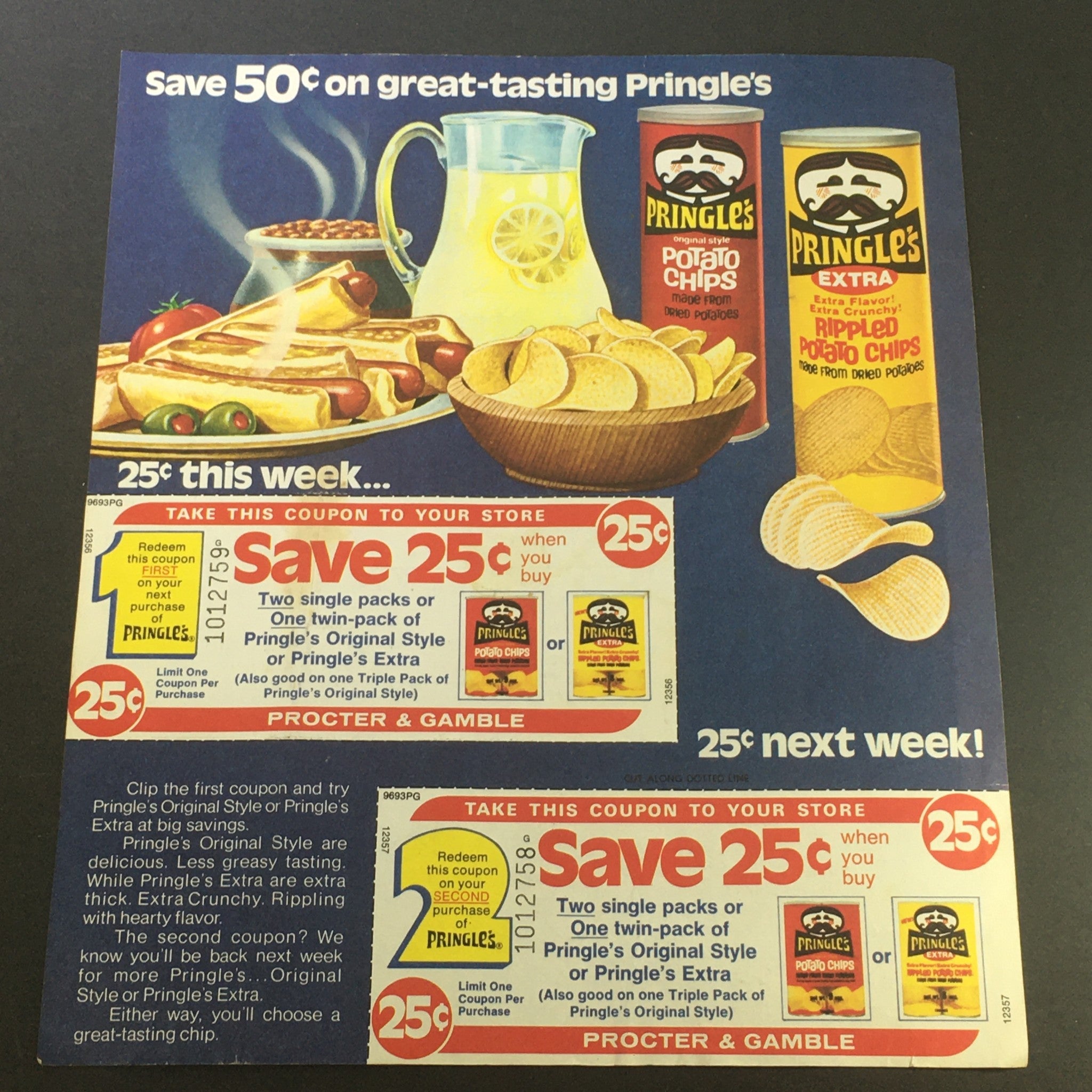 VTG 1982 Julius Pringles Original Style & Pringles Extra Potato Chips Ad Coupon