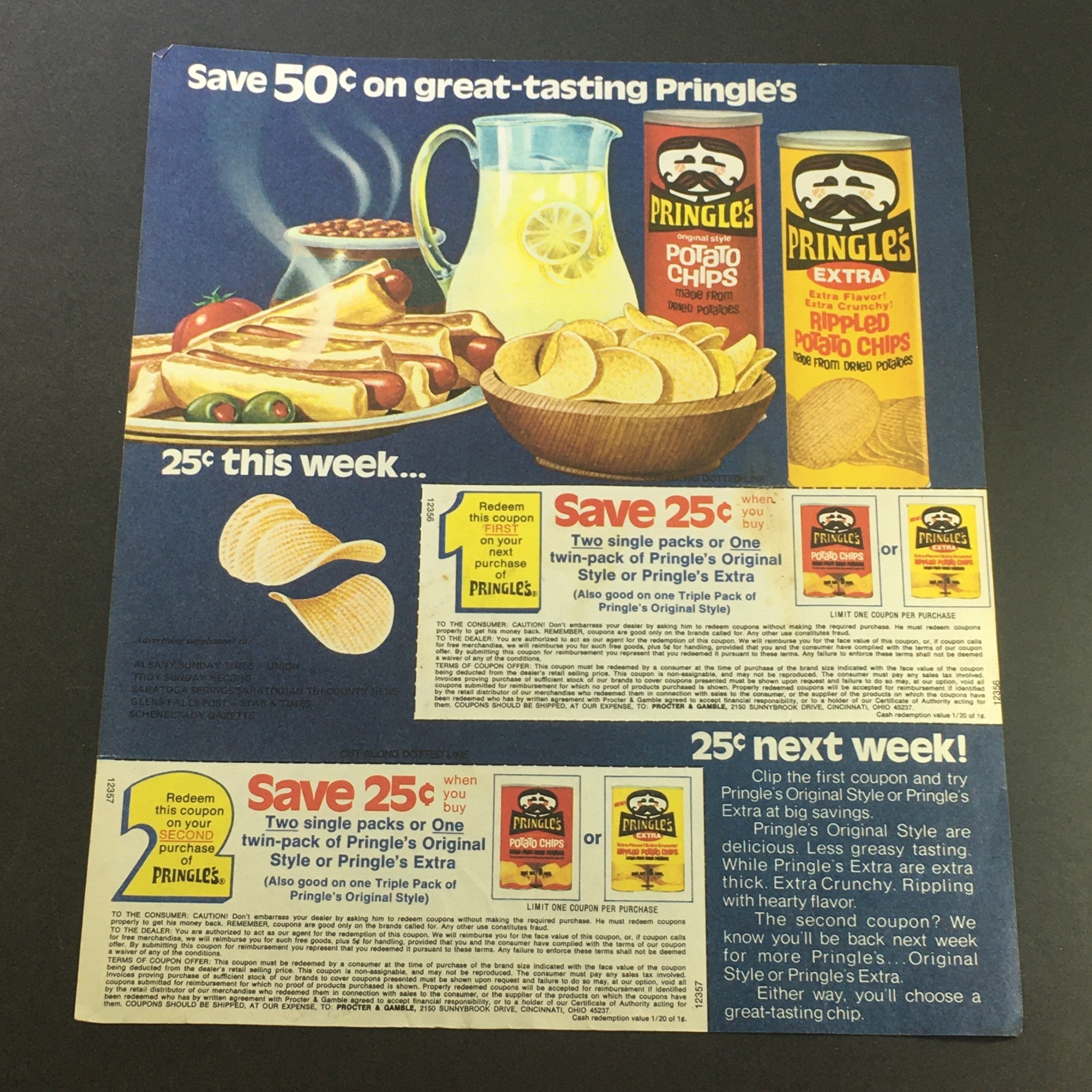 VTG 1982 Julius Pringles Original Style & Pringles Extra Potato Chips Ad Coupon