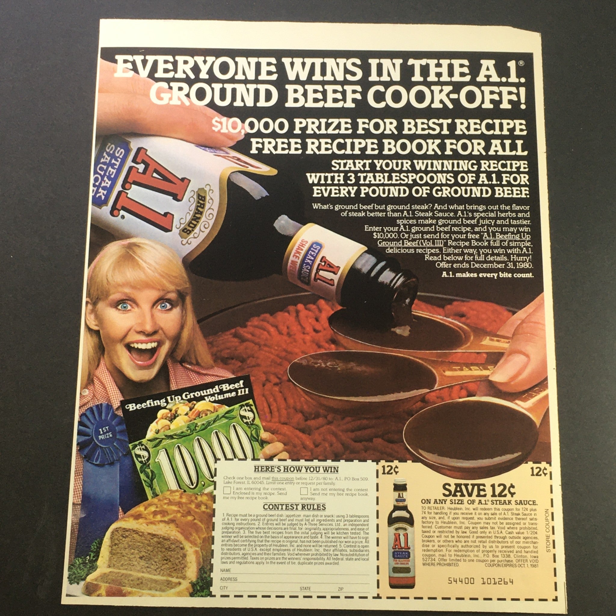 VTG Retro 1981 Brand's A1 Steak Sauce & Personalized Tree Glitters Ad Coupon