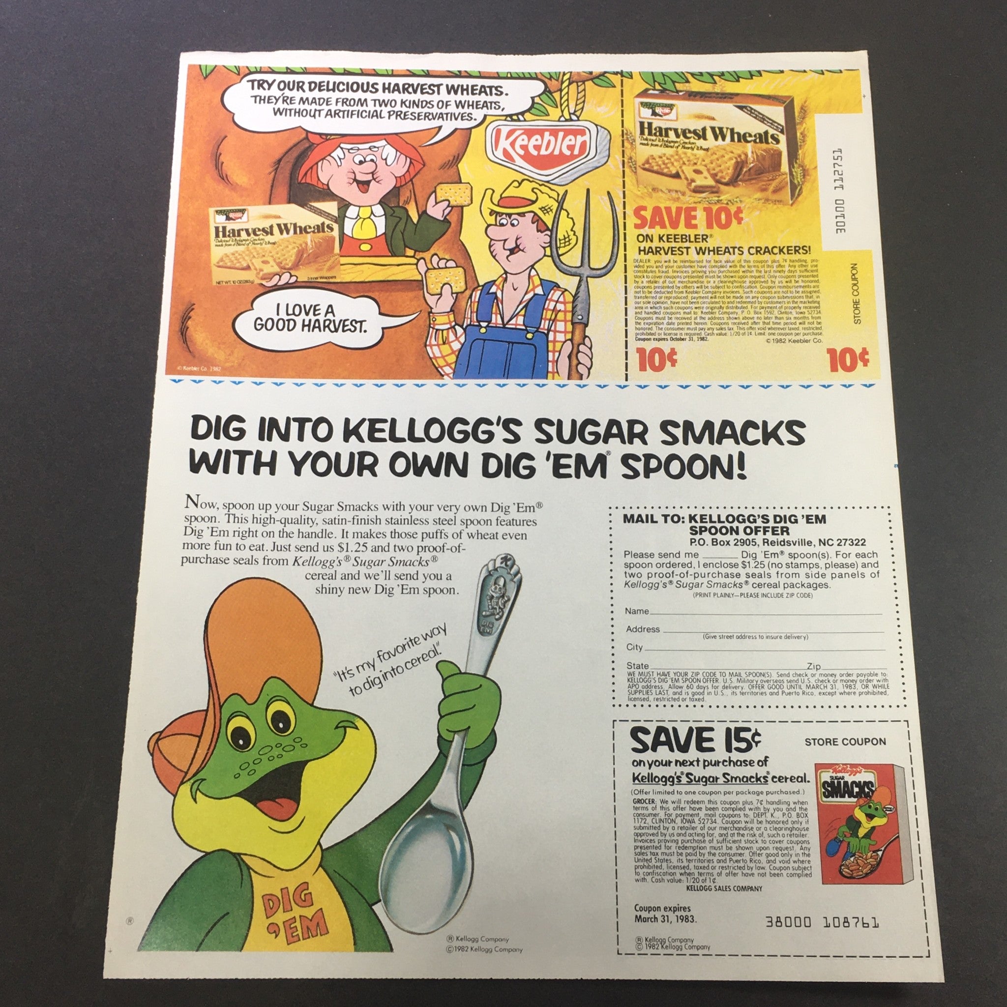 VTG 1983 Keebler Harvest Wheats Crackers & Kellogg's Sugar Smacks Cereal Coupon