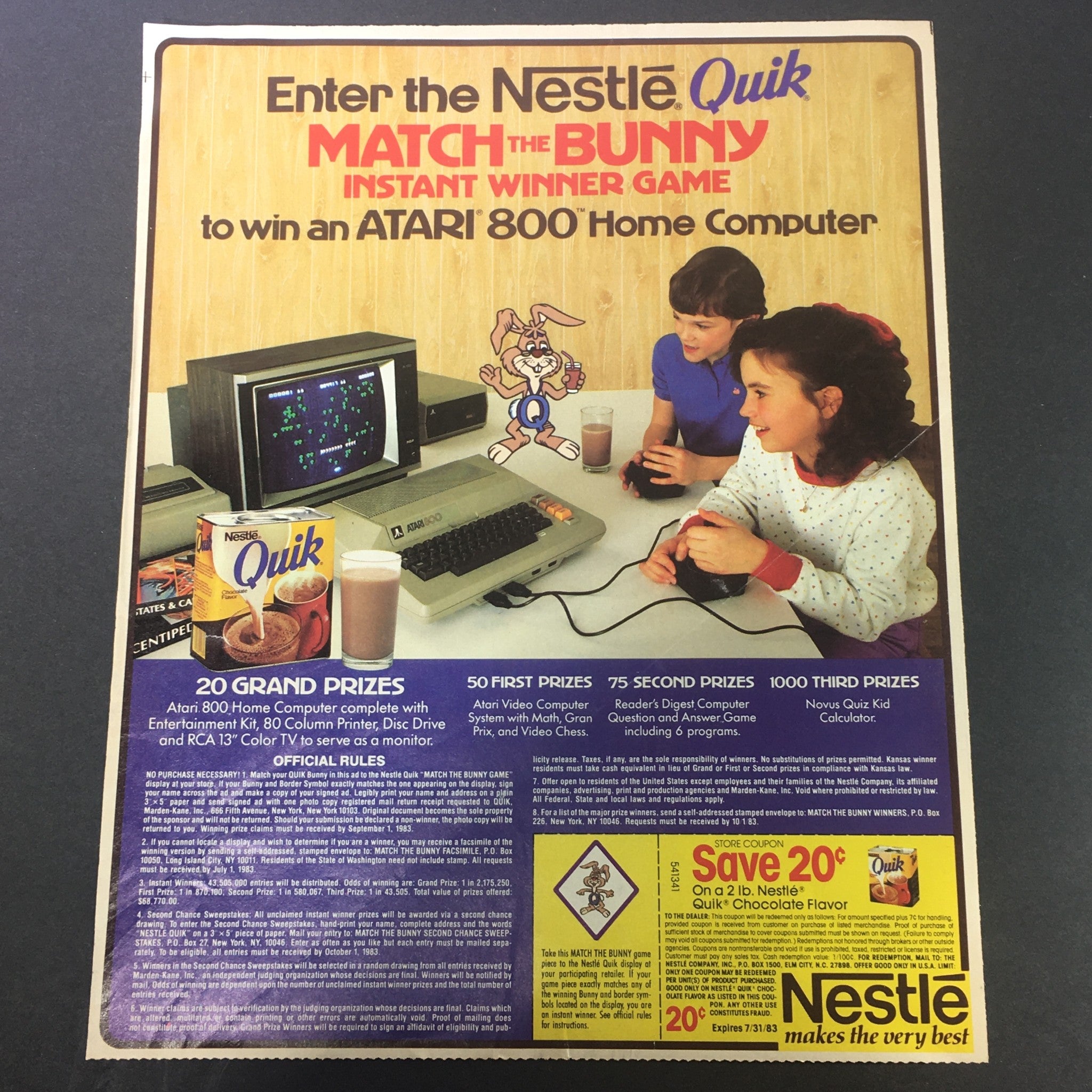 VTG 1983 Nestle Quik Chocolate Flavored Milk Win Atari 800 Home Computer Coupon