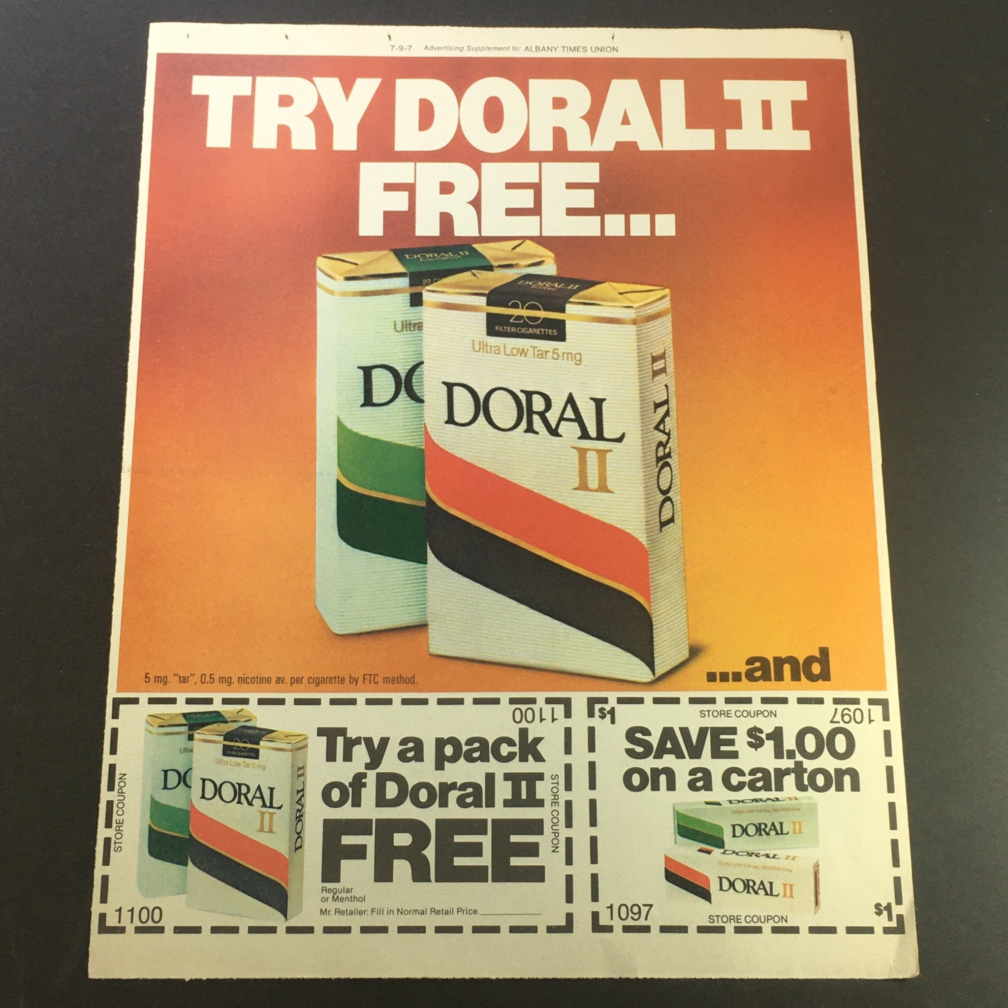 VTG Retro 1979 Doral II Regular and Menthol Filtered Cigarettes Print Ad featuring product boxes and a coupon offer. Highlights the bringing of both Regular and Menthol options with a visual appeal to collectors.