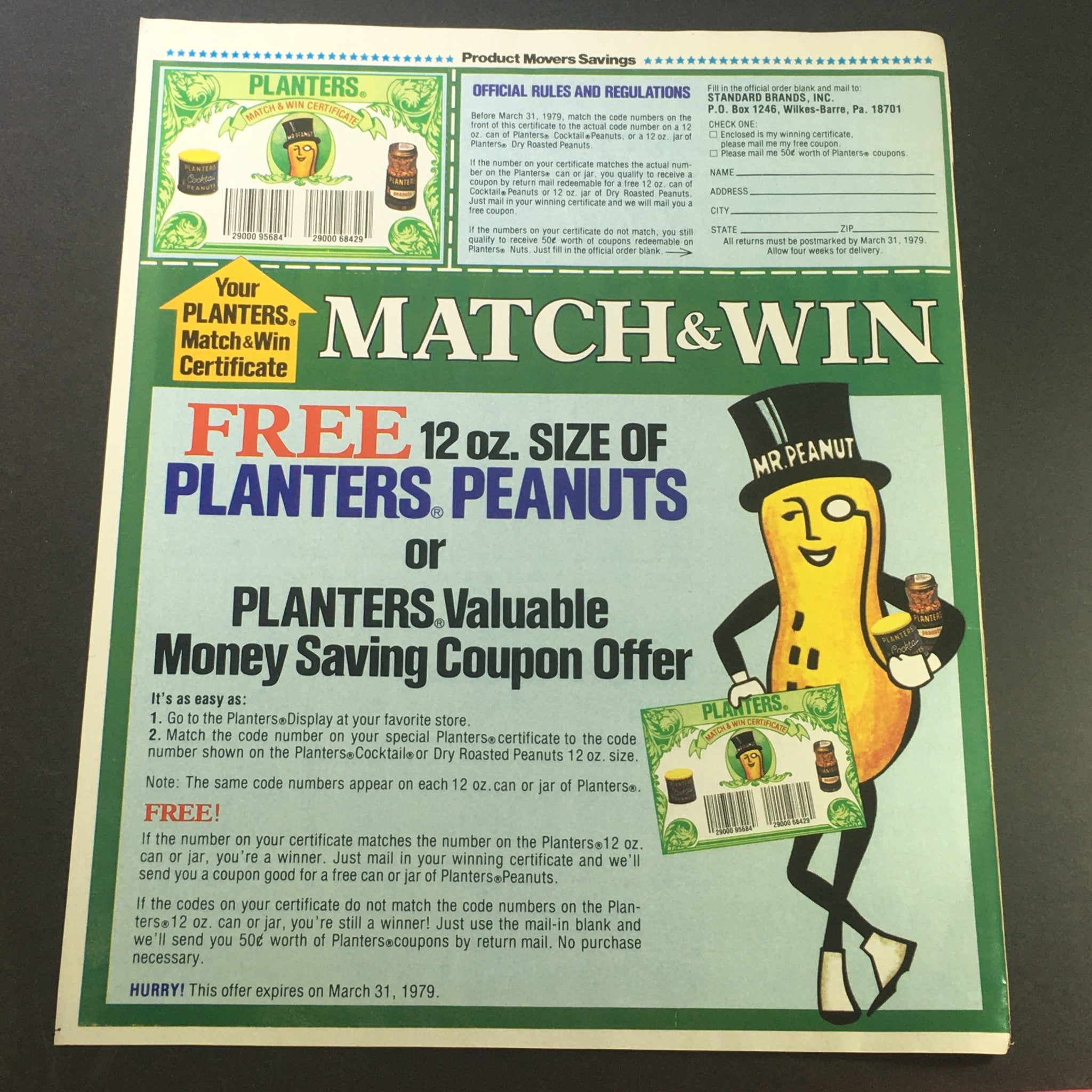 VTG Retro 1979 Planters Peanuts or Planters Cocktail Peanuts Match & Win Coupon