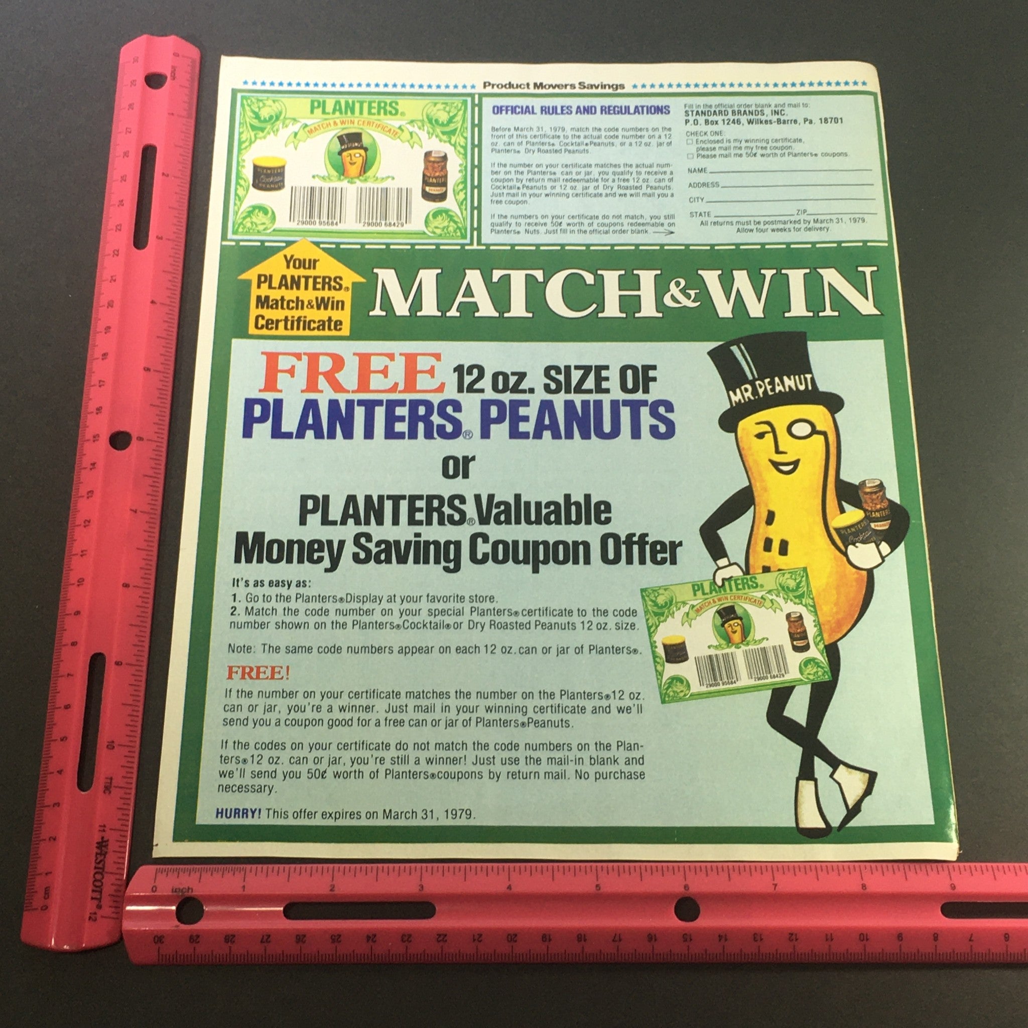 VTG Retro 1979 Planters Peanuts or Planters Cocktail Peanuts Match & Win Coupon