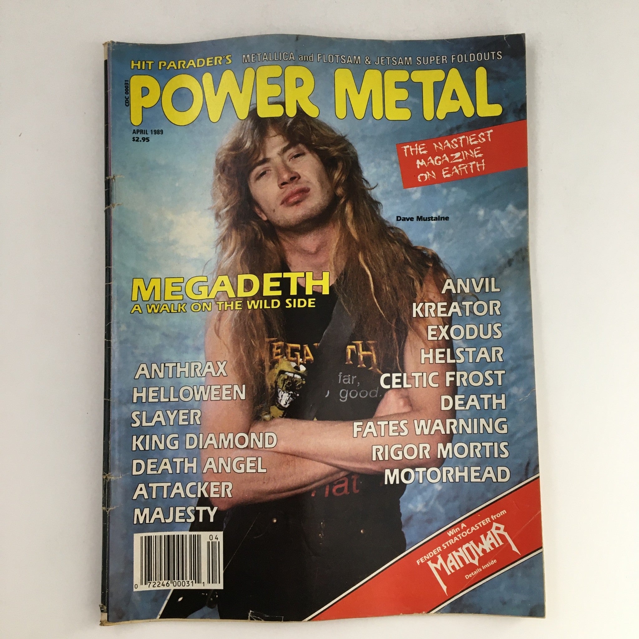 Power Metal Magazine April 1989 featuring Dave Mustaine on the cover, showcasing Megadeth and other heavy metal bands.
