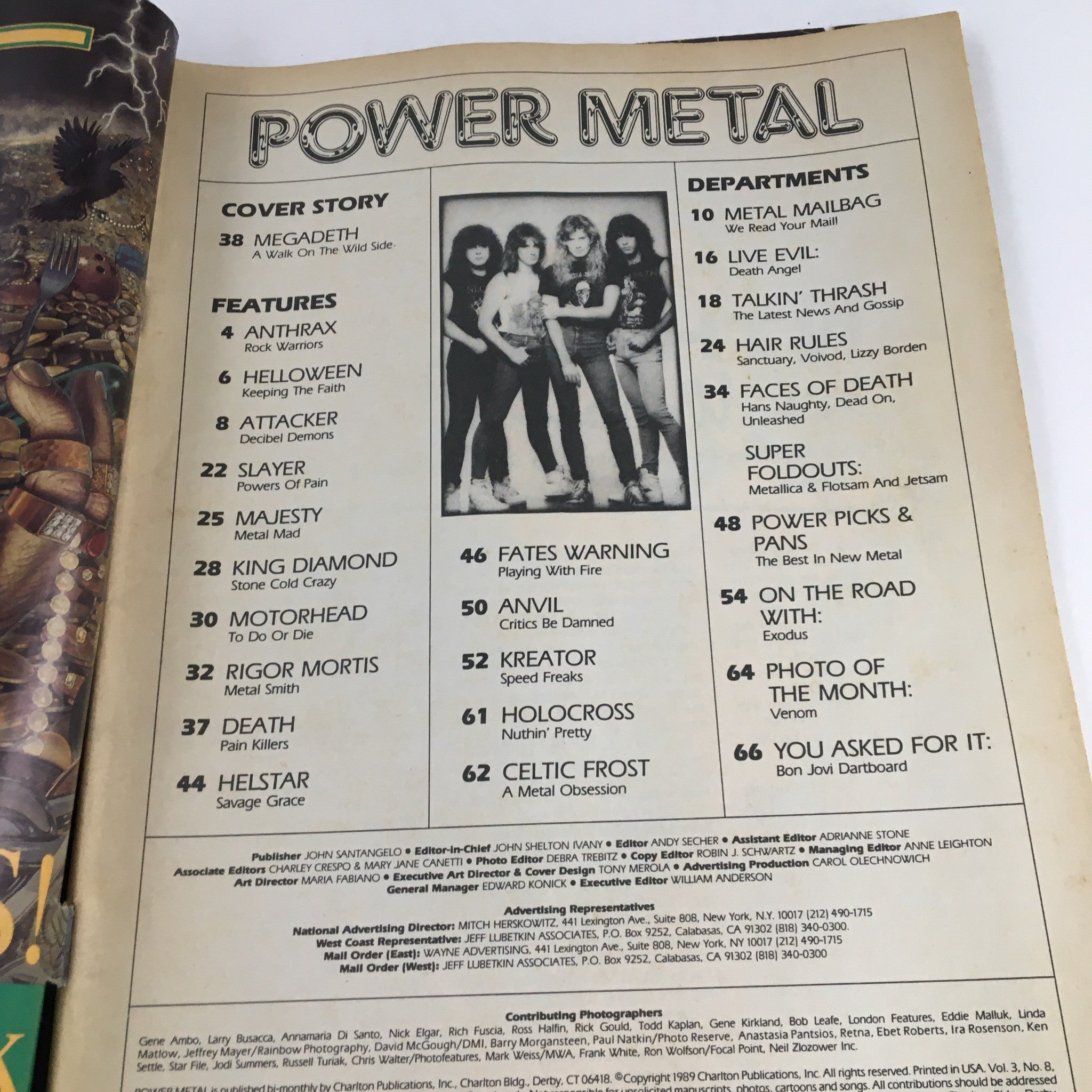 Table of contents for Power Metal Magazine April 1989, highlighting features on Megadeth, Anthrax, Helloween, and more.