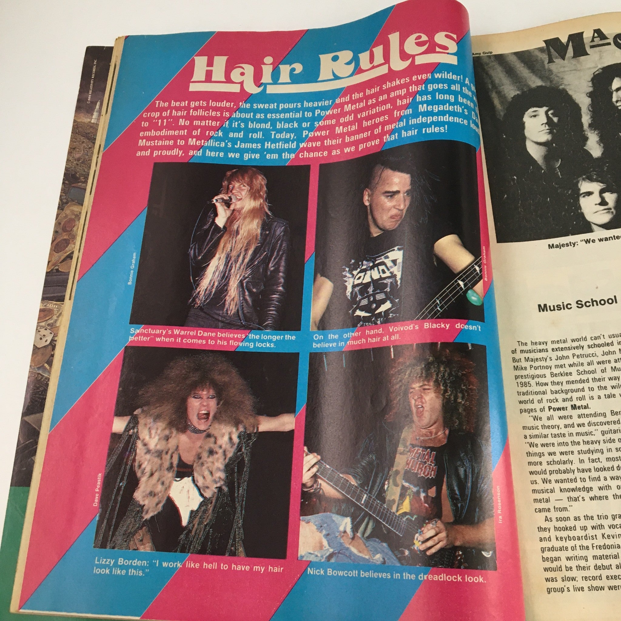 Article page titled 'Hair Rules' from Power Metal Magazine April 1989, celebrating the iconic hairstyles of metal musicians.