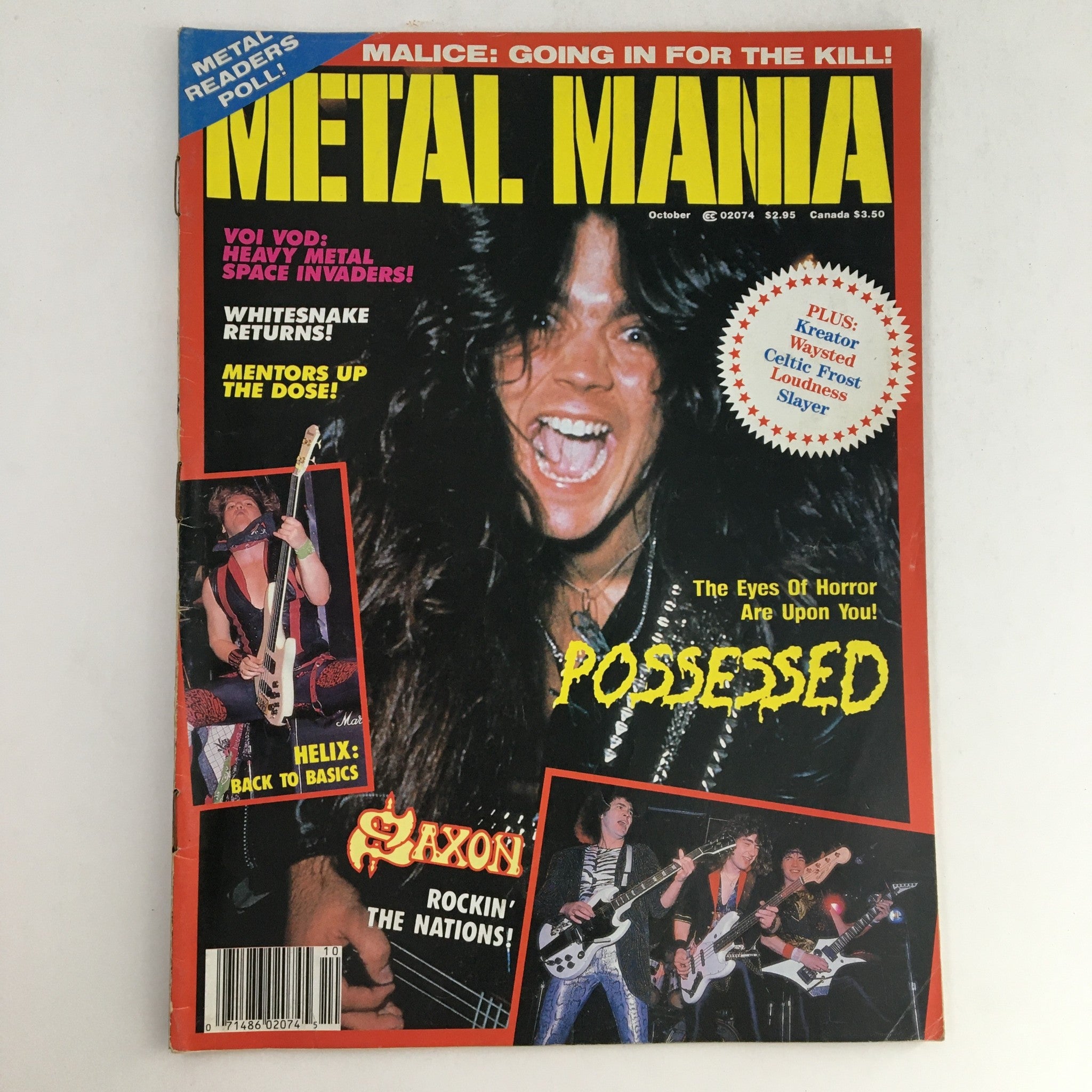 Metal Mania Magazine October 1987 issue cover featuring bands Saxon, Helix, and Possessed, showcasing vibrant designs and bold headline, perfect for vintage music collectors.