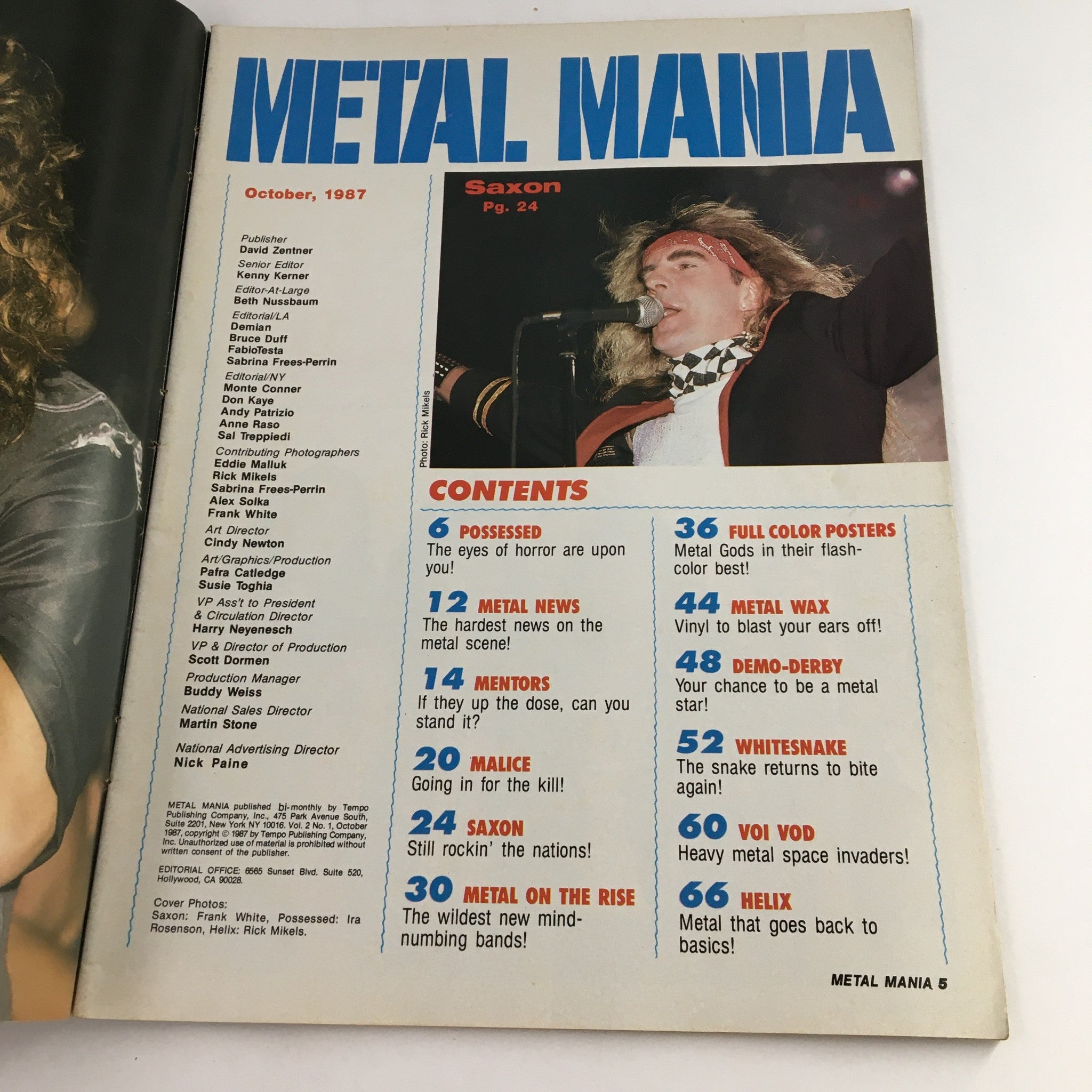 Metal Mania Magazine October 1987 featuring contents page including Saxon, page 24, showcasing articles and interviews about heavy metal bands.