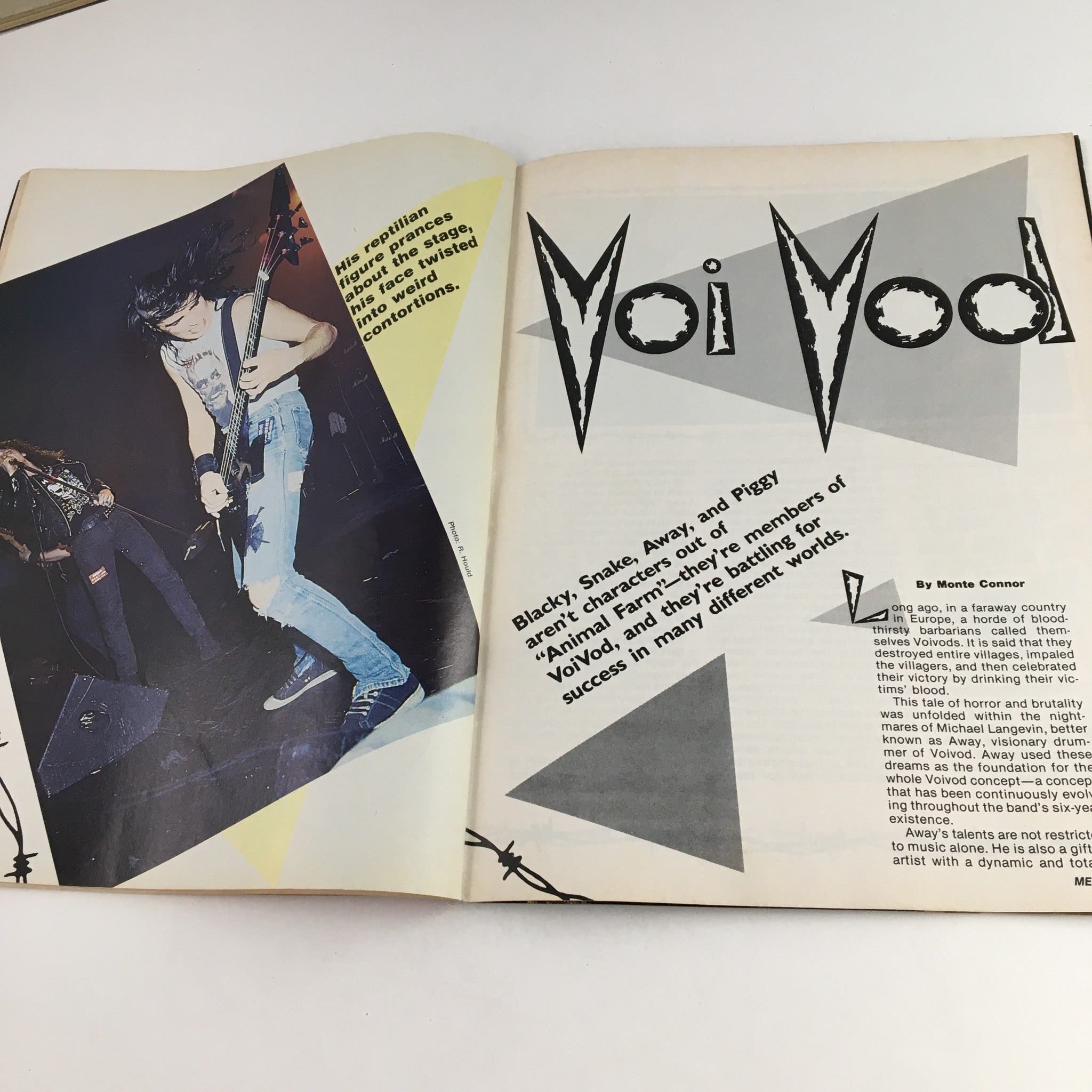 Voi Vod feature in Metal Mania Magazine October 1987, showcasing an article and images of the band performing, discussing their impact in heavy metal.