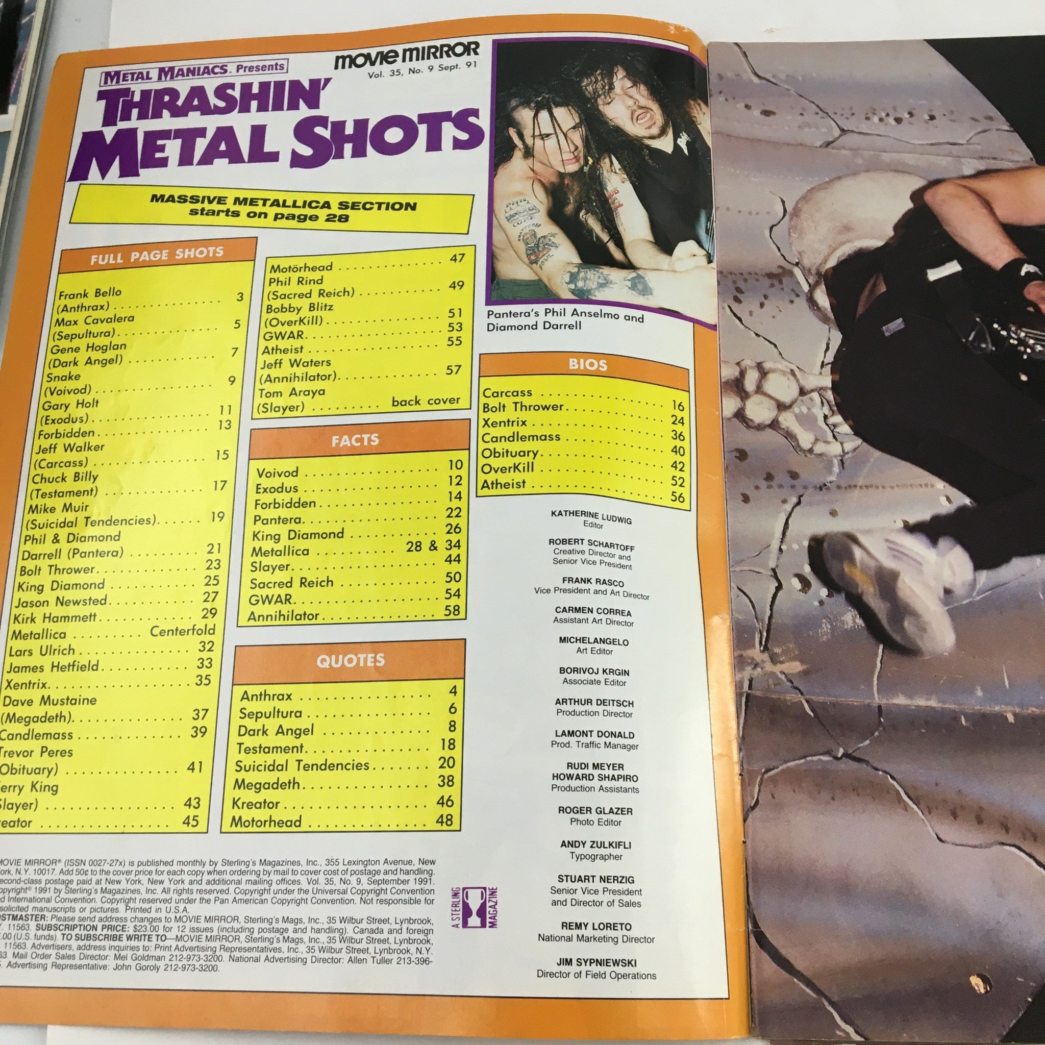 Interior page of Thrashin' Metal Shots Magazine September 1991 showcasing features and a section on Pantera's Phil Anselmo and Diamond Darrell.