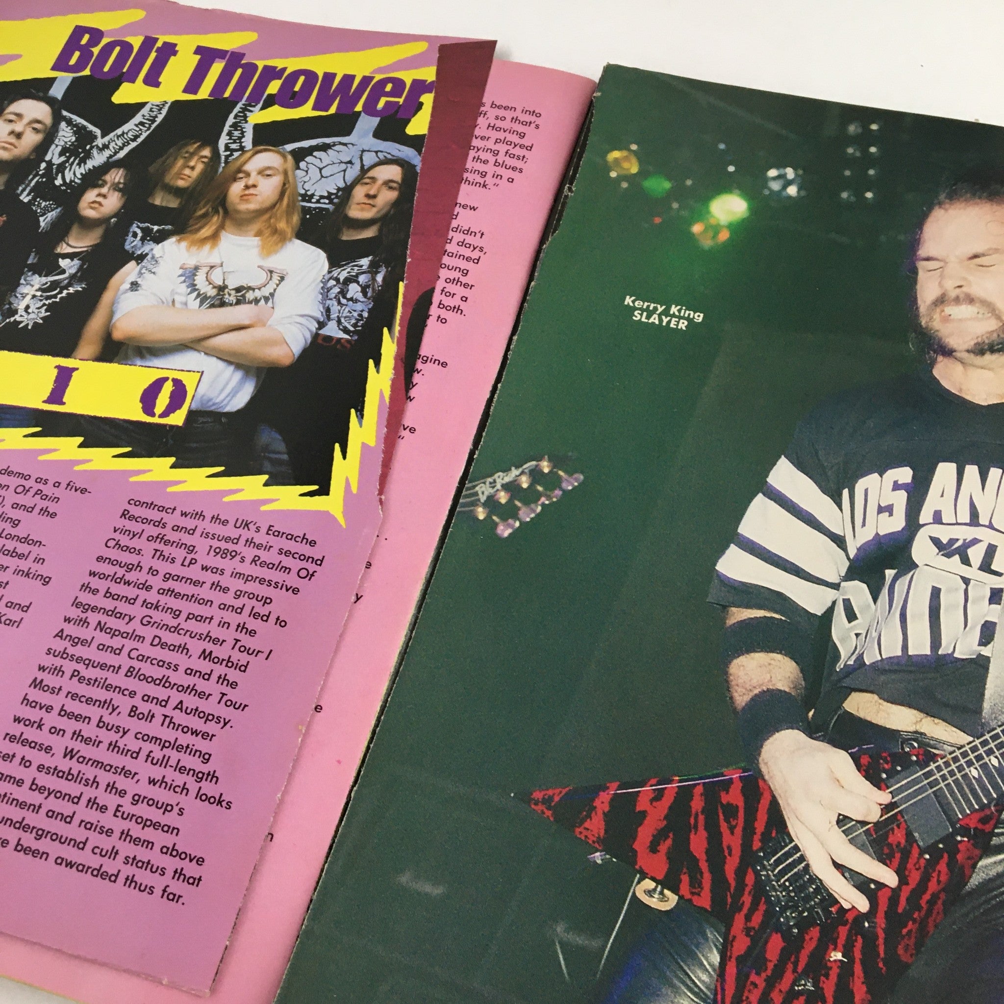 Highlighted page from Thrashin' Metal Shots Magazine September 1991 featuring the band Bolt Thrower and a performance image of Kerry King from Slayer.