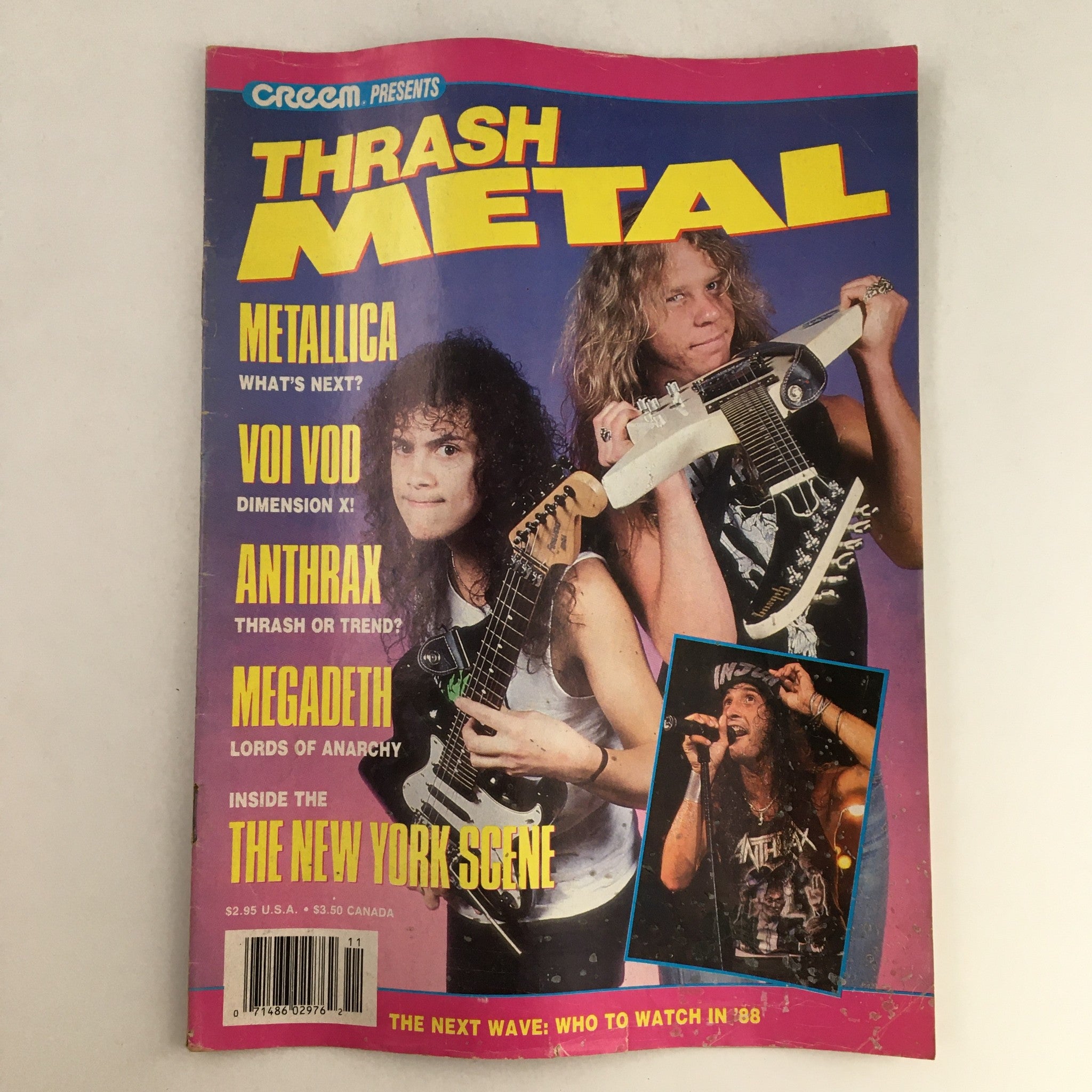 Creem Thrash Metal Magazine February 1988 featuring Metallica, Voivod, and more on the cover. Artists depicted with guitars, highlighting the thrash metal music scene of the late '80s.