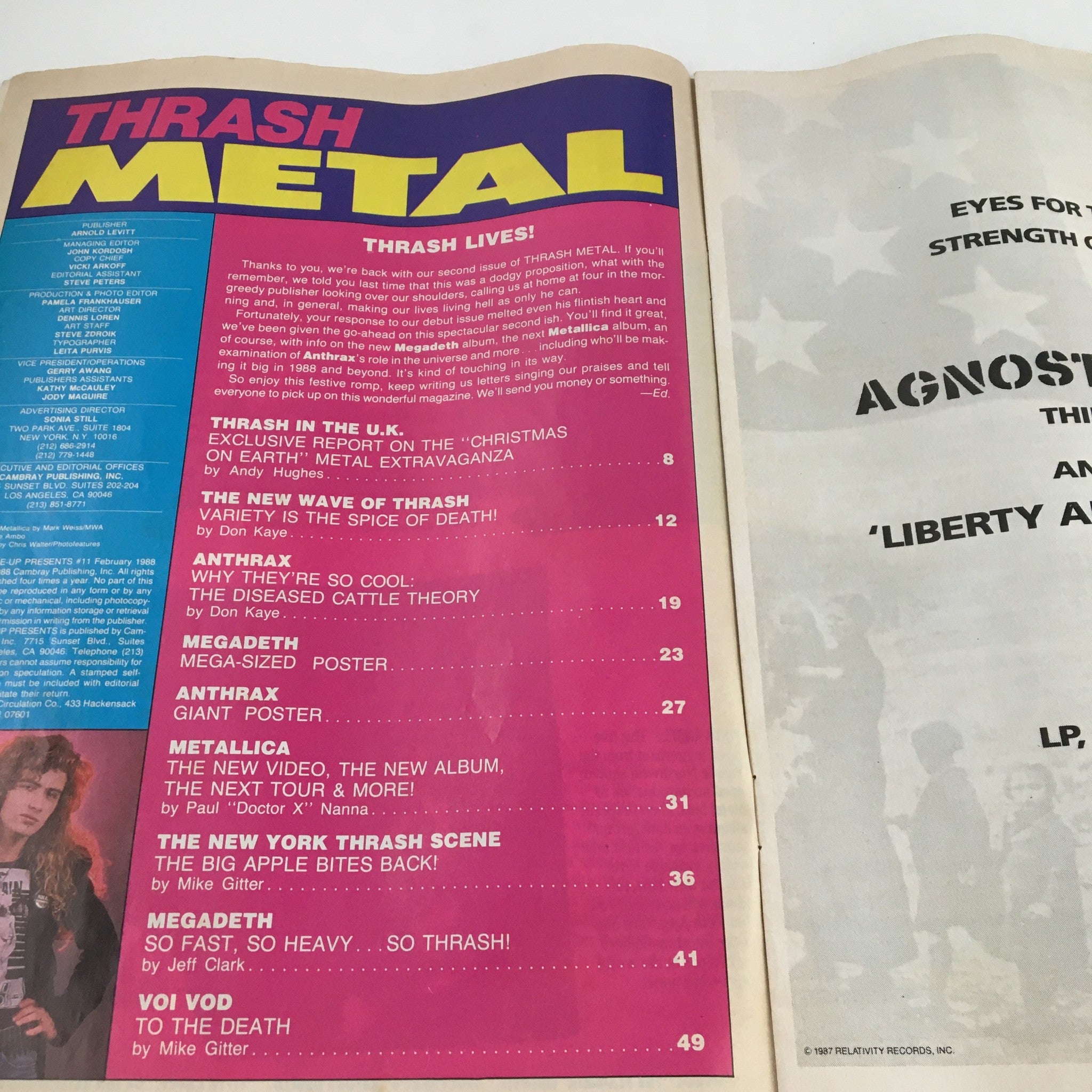 Creem Thrash Metal Magazine February 1988 featuring the table of contents with articles on thrash metal, including features on Metallica and Anthrax.
