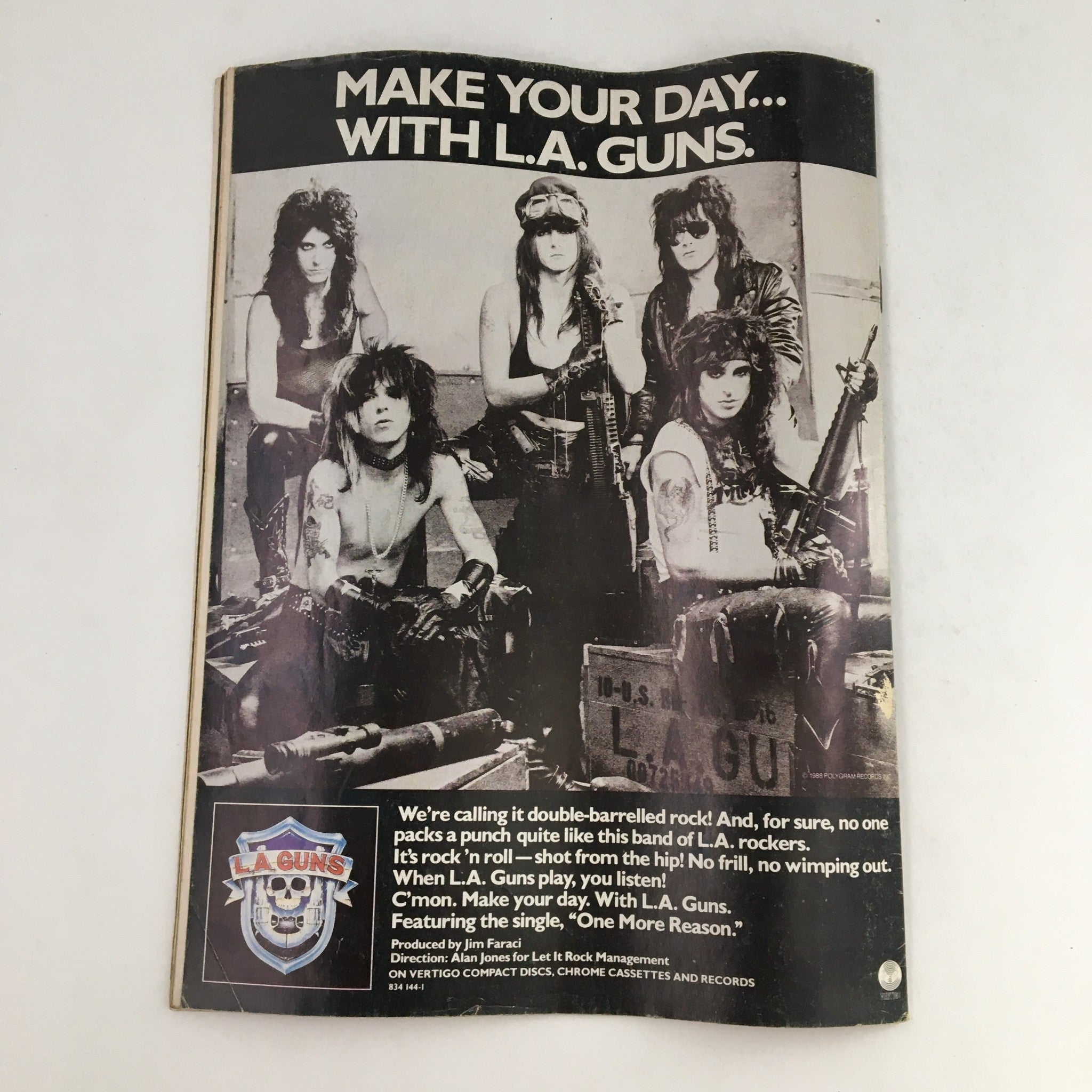 Creem Thrash Metal Magazine February 1988 displaying an advertisement for L.A. Guns, highlighting their music style and new releases.