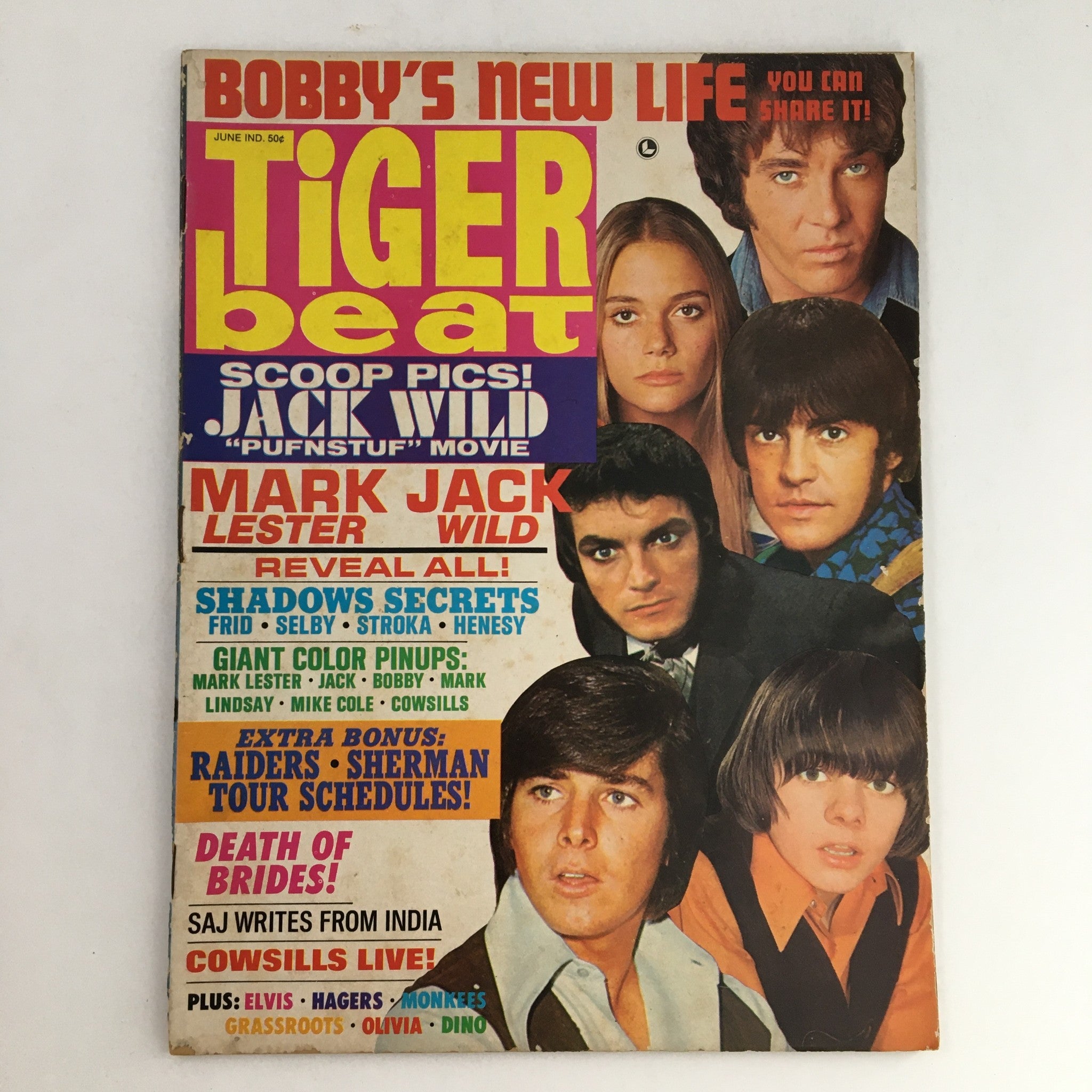 Tiger Beat Magazine June 1970 featuring Bobby Bridget, David Cassidy, Jack Wild, and Mark Lester on the cover, showcasing nostalgic teen celebrity culture.