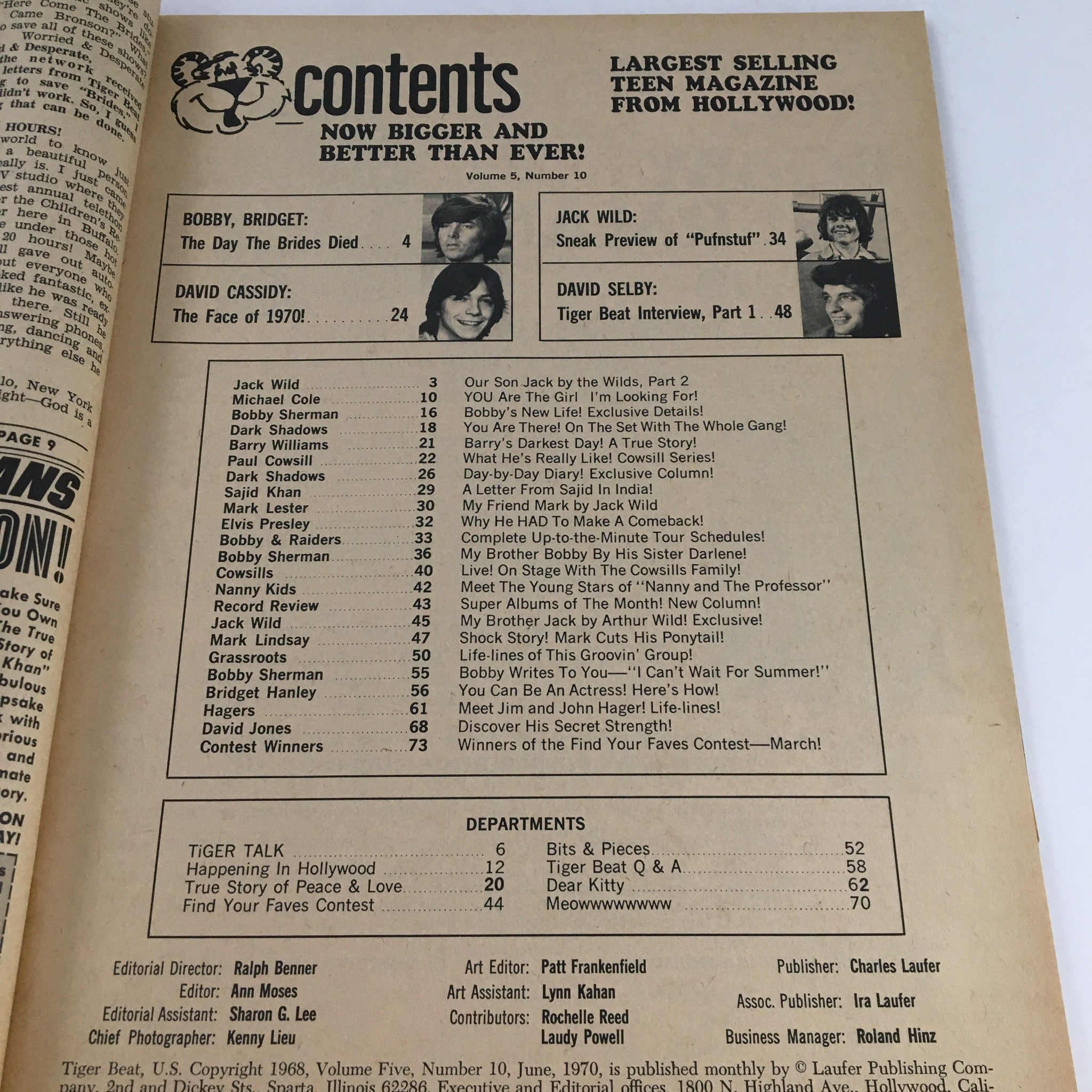 Contents page of Tiger Beat Magazine June 1970, listing features including Bobby Bridget, David Cassidy, and Jack Wild along with articles and celebrity interviews.