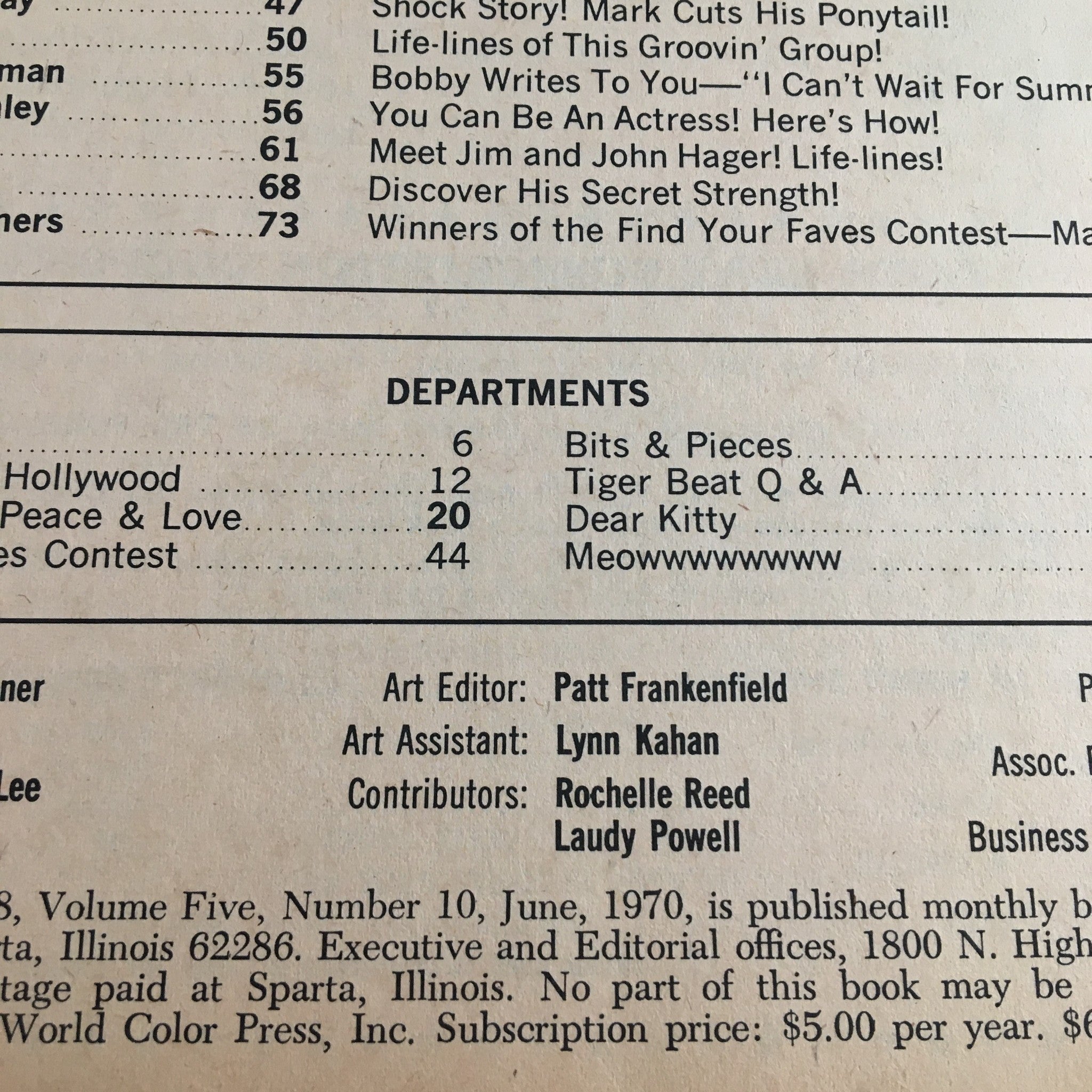 Tiger Beat Magazine June 1970 highlights the feature articles and departments, emphasizing its status as the largest selling teen magazine from Hollywood.