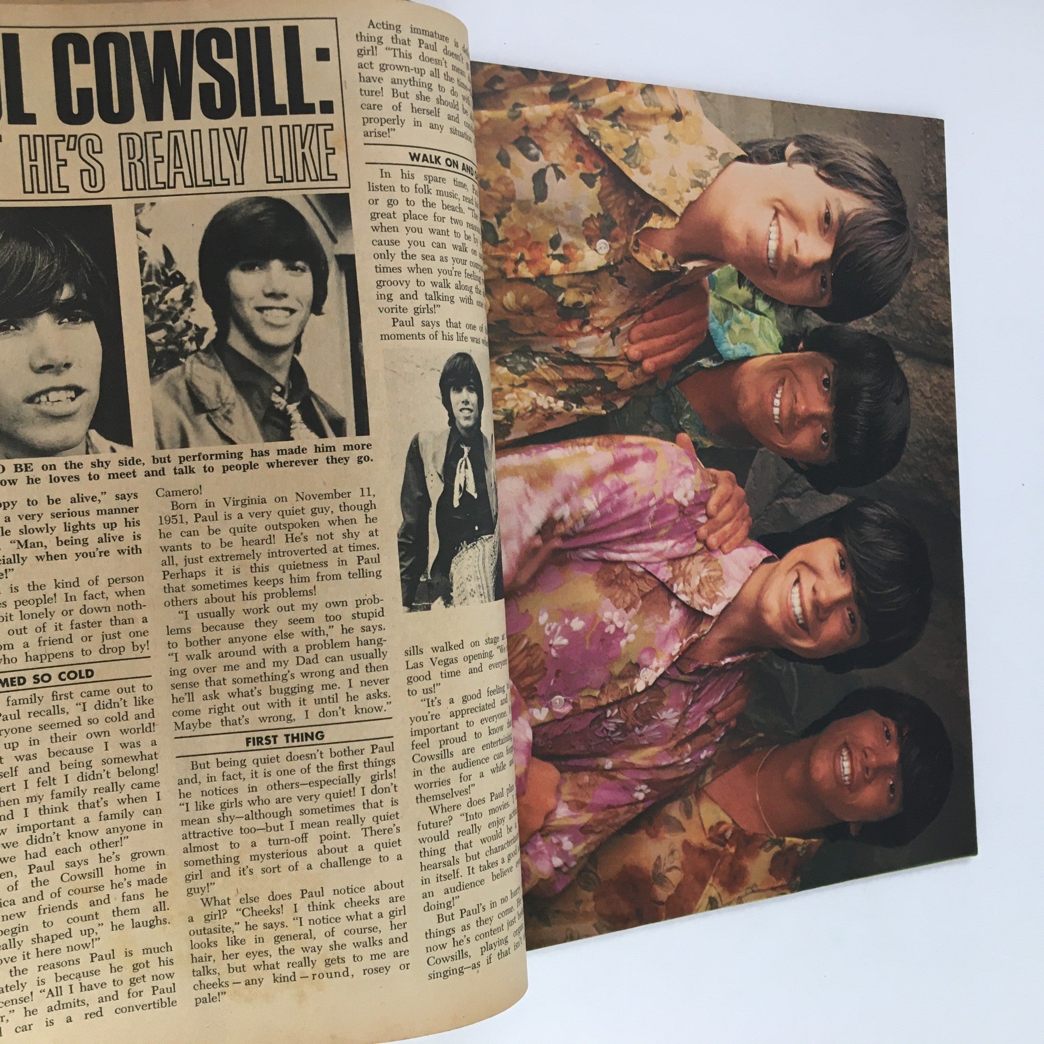 Inside page of Tiger Beat Magazine June 1970 featuring an article about Paul Cowsill, accompanied by colorful images of the Cowsills, celebrating 1970s pop culture.