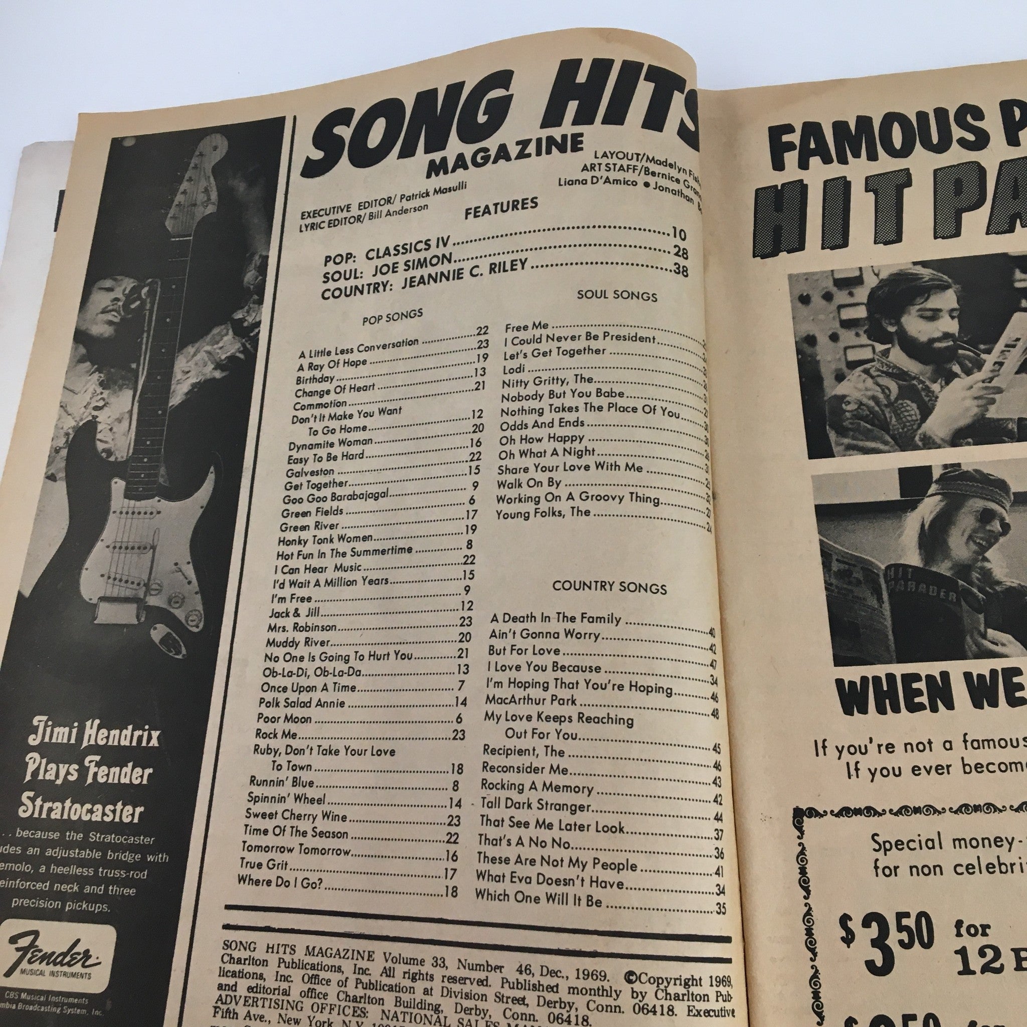 Song Hits Magazine December 1969 Jimi Hendrix, Peter Townsend, No Label