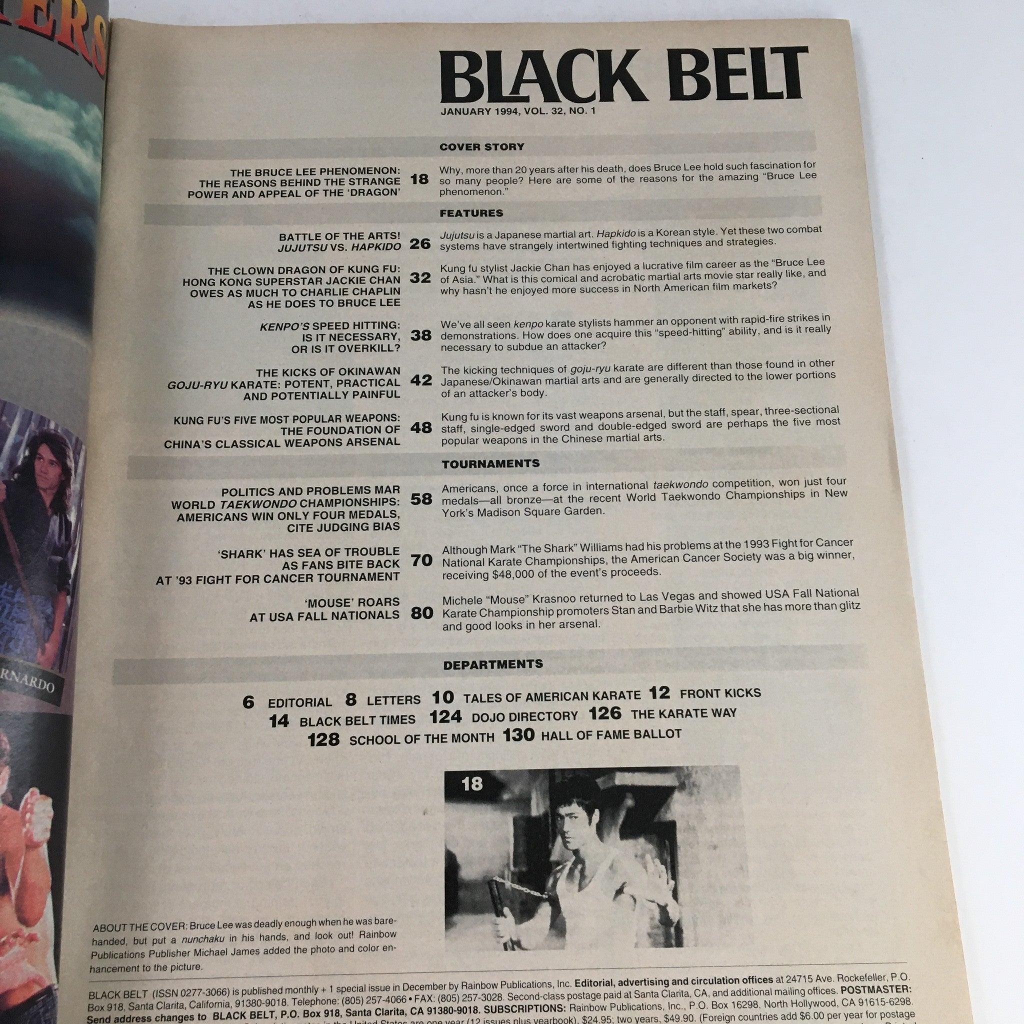 Black Belt Magazine January 1994 Vol 32 #1 The Bruce Lee Phenomenon, No Label