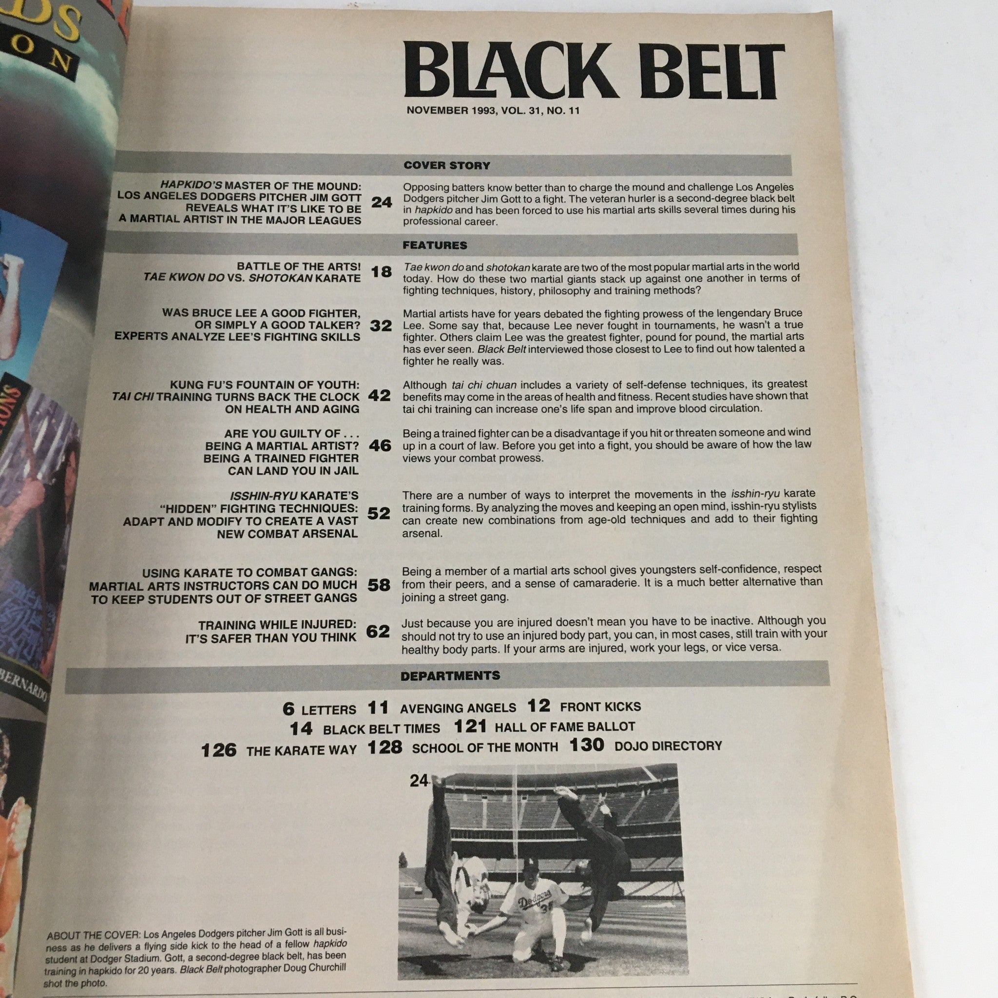 Black Belt Magazine November 1993 Los Angeles Dodgers Pitcher Jim Gott, No Label