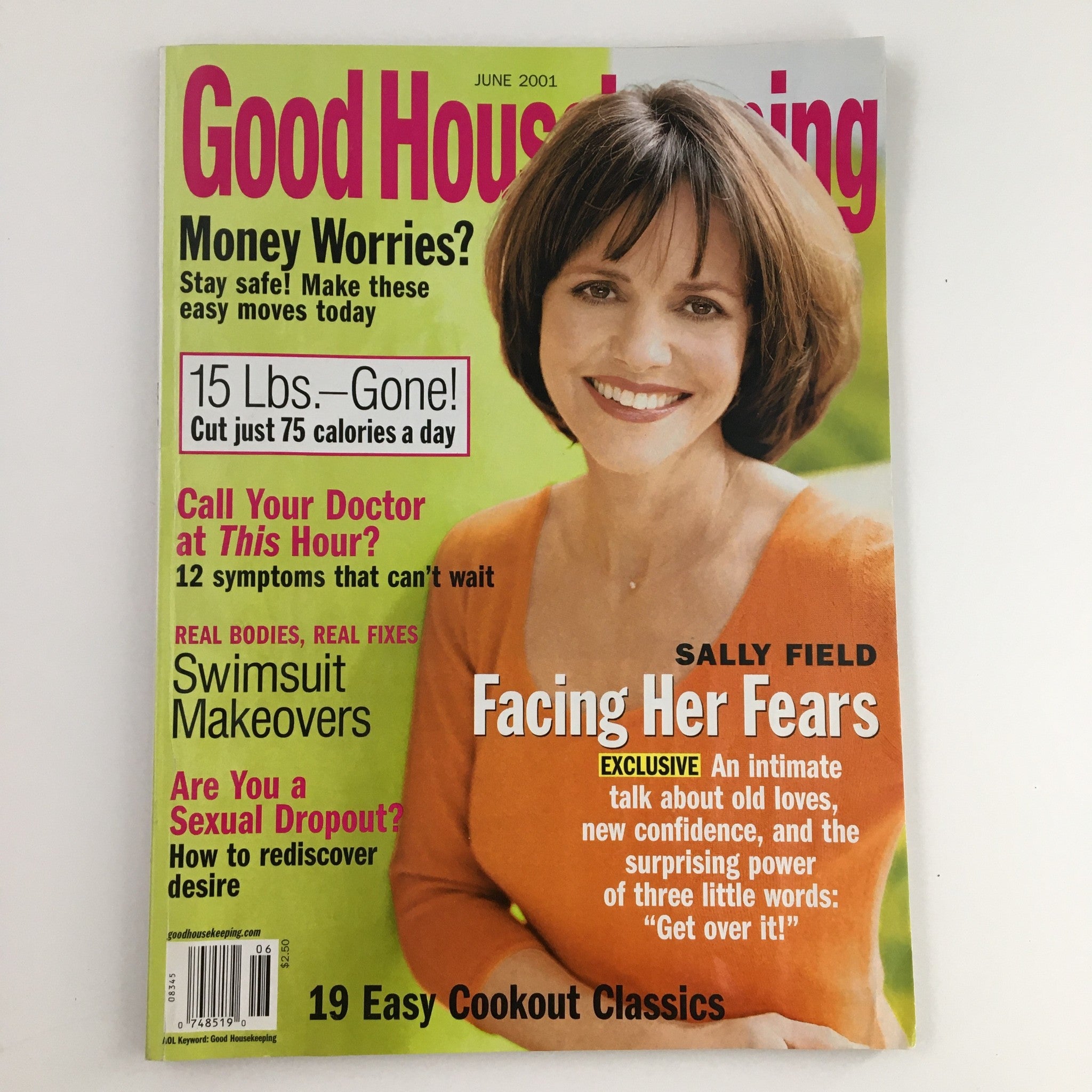 Cover of Good Housekeeping Magazine June 2001 featuring Sally Field with the headline 'Facing Her Fears'. The magazine discusses topics such as personal growth, mental health, and includes features on cookout classics and fashion.