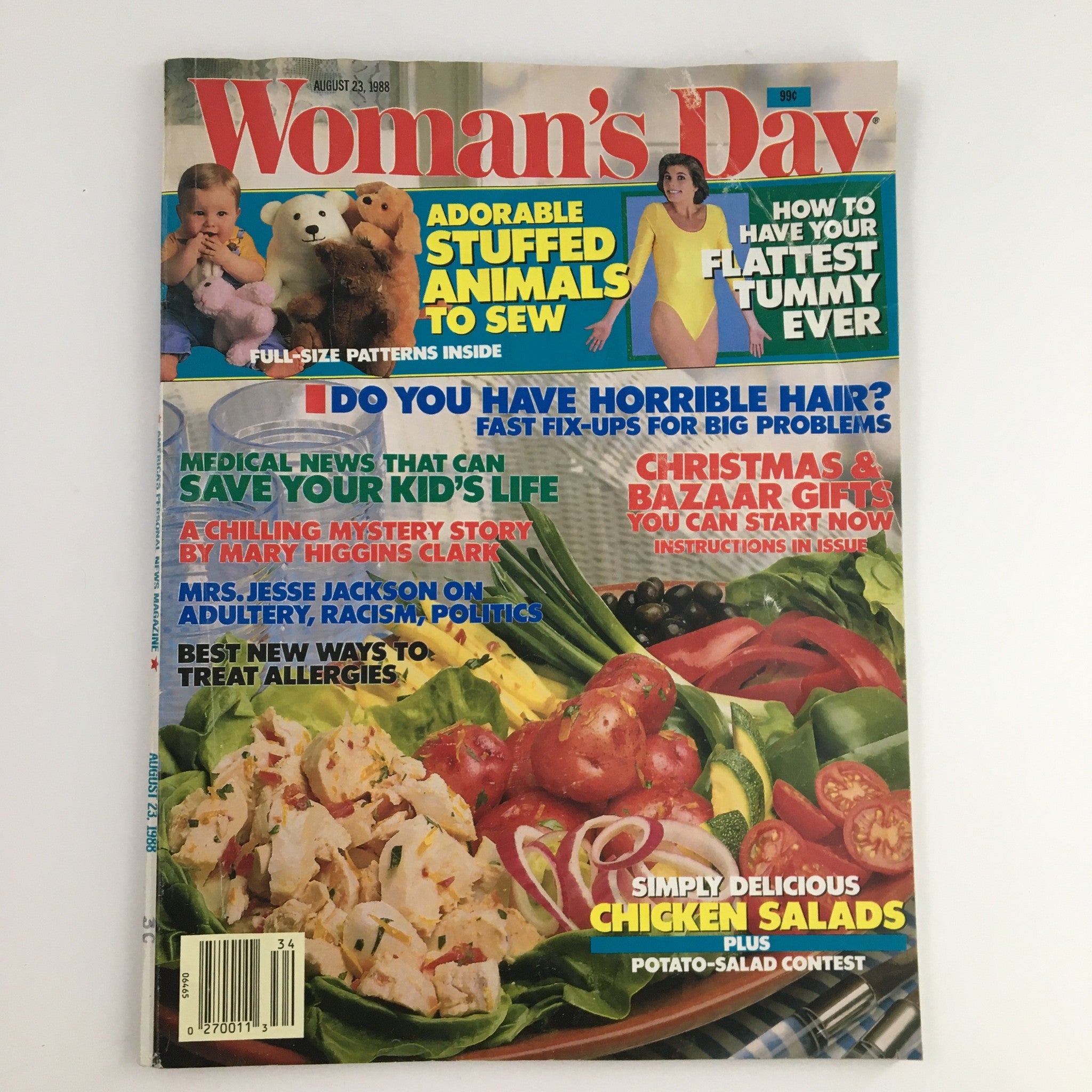 Cover of Woman's Day Magazine August 23 1988 featuring an article by Mary Higgins Clark on a mystery story. The cover showcases stuffed animals, health tips, and enticing recipes.