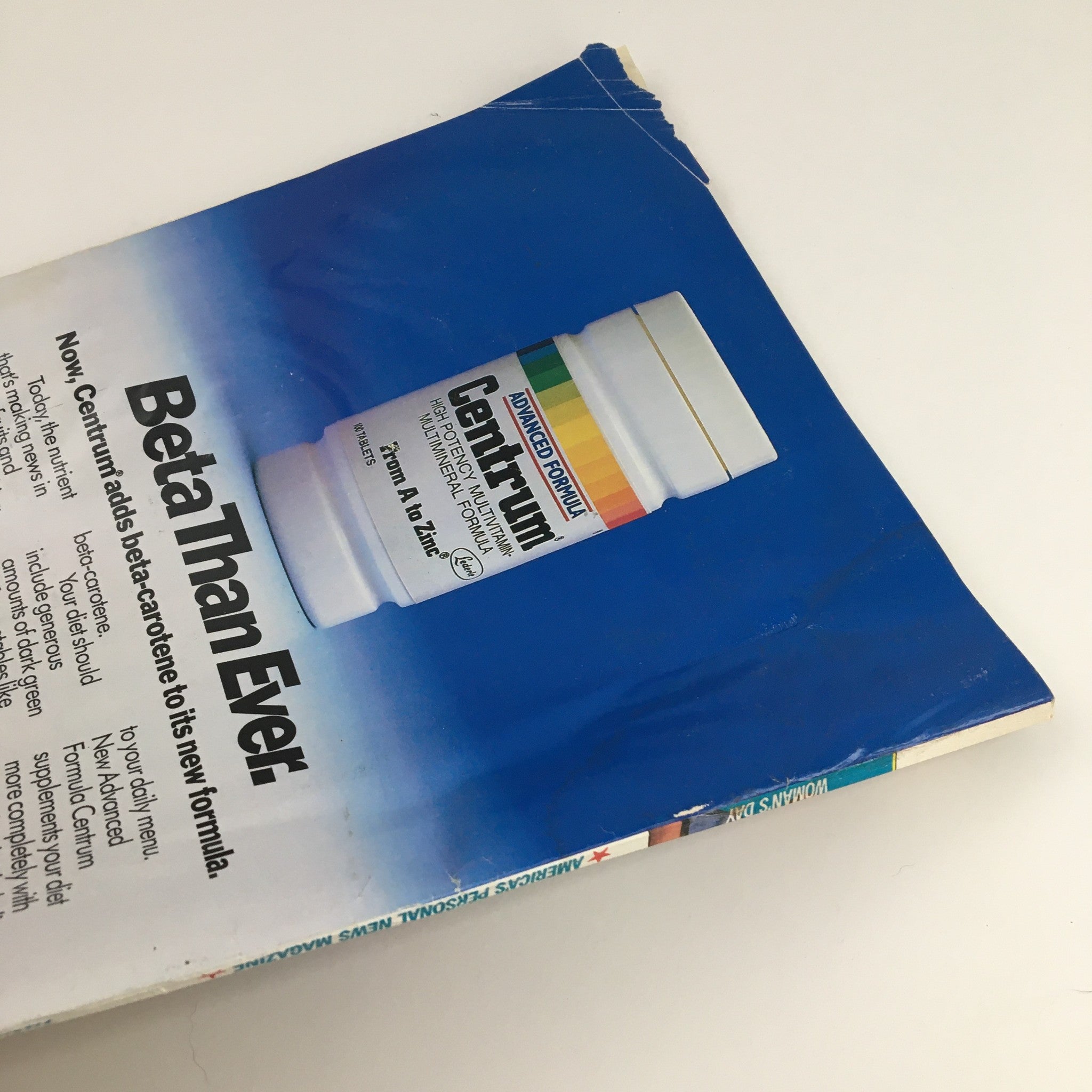 Back cover of Woman's Day Magazine August 23 1988 highlighting Centrum vitamins with a promotional ad.