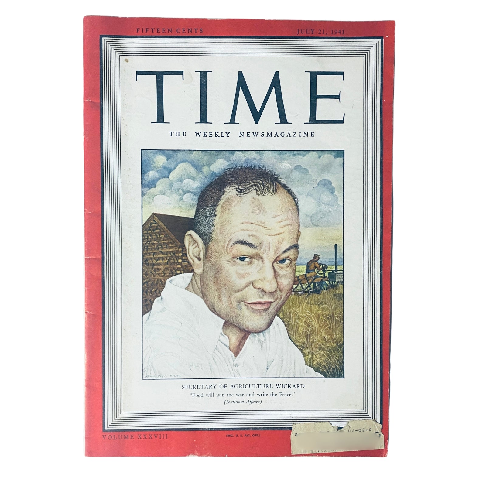 Time Magazine cover from July 21, 1941, featuring Secretary of Agriculture Claude Wickard, showcasing agricultural themes and wartime context.