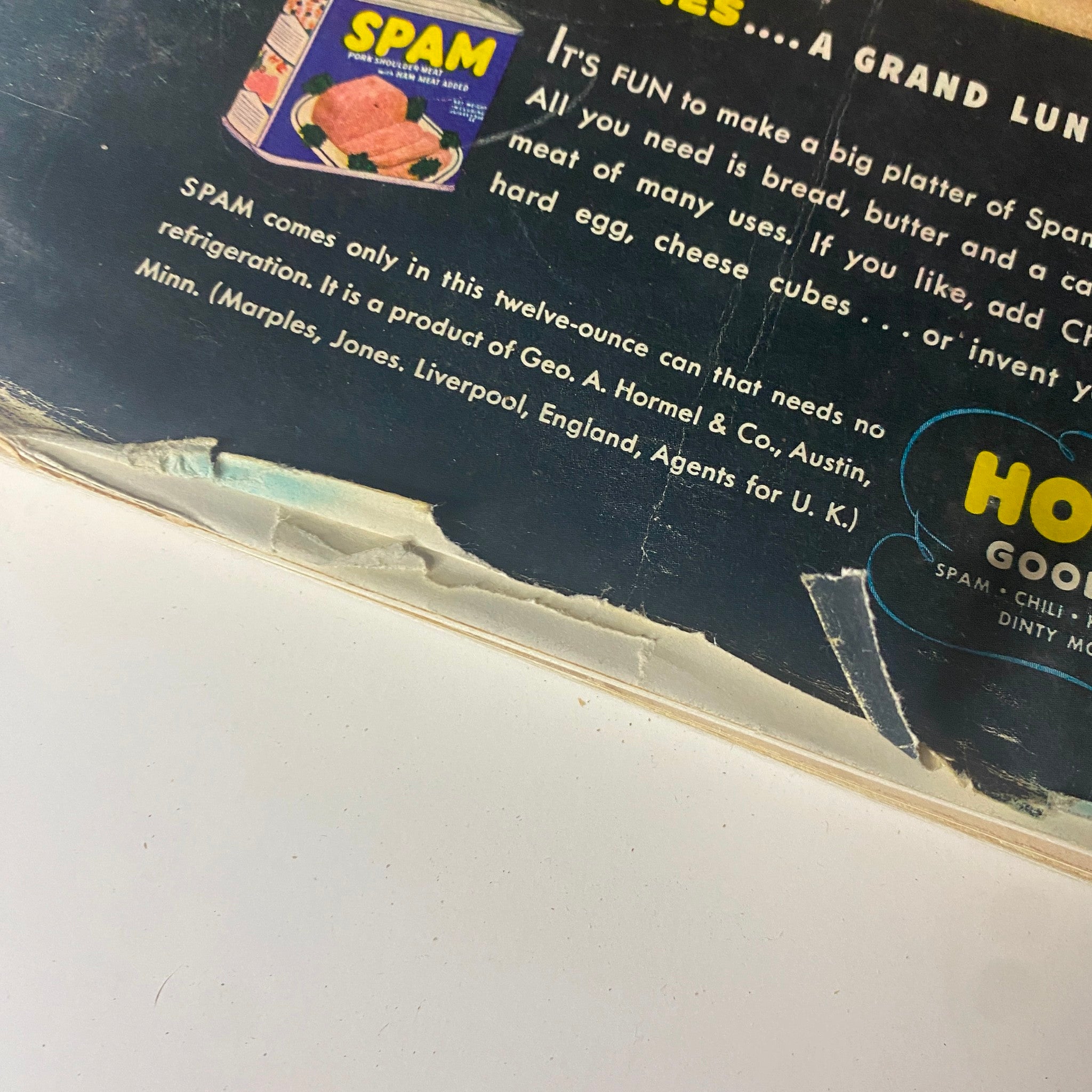 Closer view of a vintage advertisement for Spam from Time Magazine May 19, 1941 Vol 37 No. 20 featuring a recipe suggestion and details about the product.