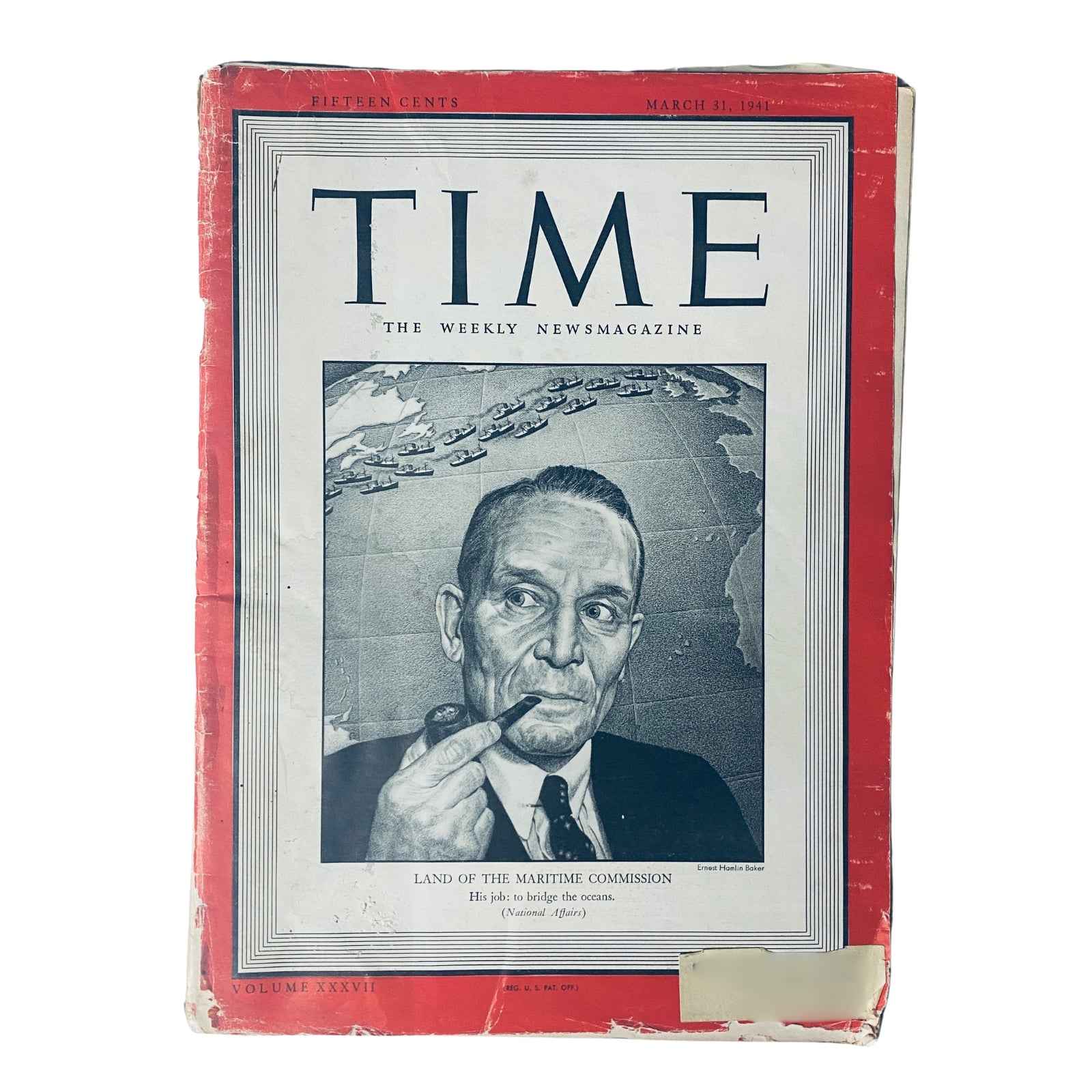 Time Magazine March 31, 1941 Vol 37 No. 13 with cover art by Ernest Hamlin Baker, featuring a portrait of a man with a pipe against a backdrop of ships, illustrating the theme of the Maritime Commission.
