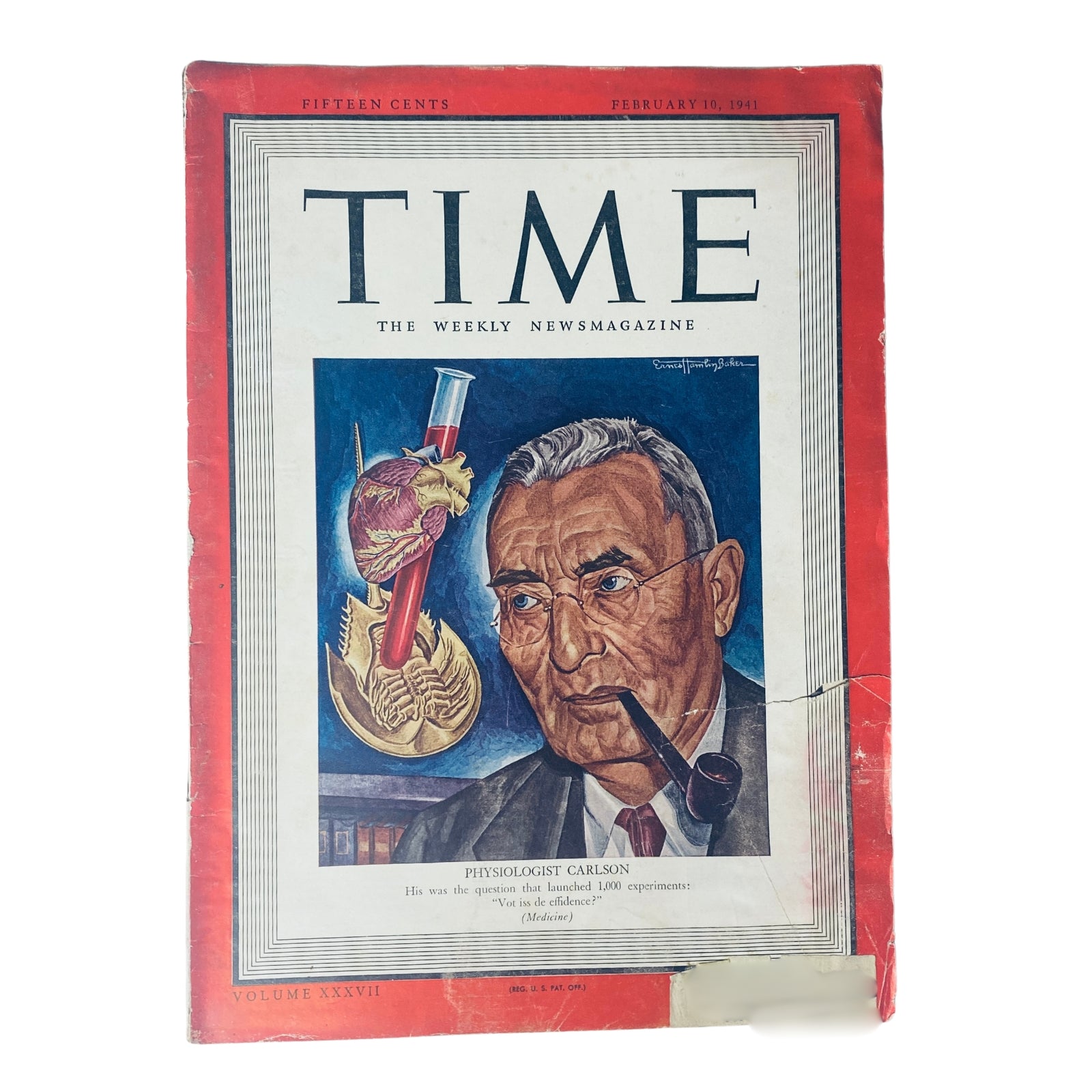 Time Magazine cover from February 10, 1941, featuring physiologist A.J. Carlson, showcasing an illustration of a heart and laboratory equipment, relevant to medical science and public health issues.