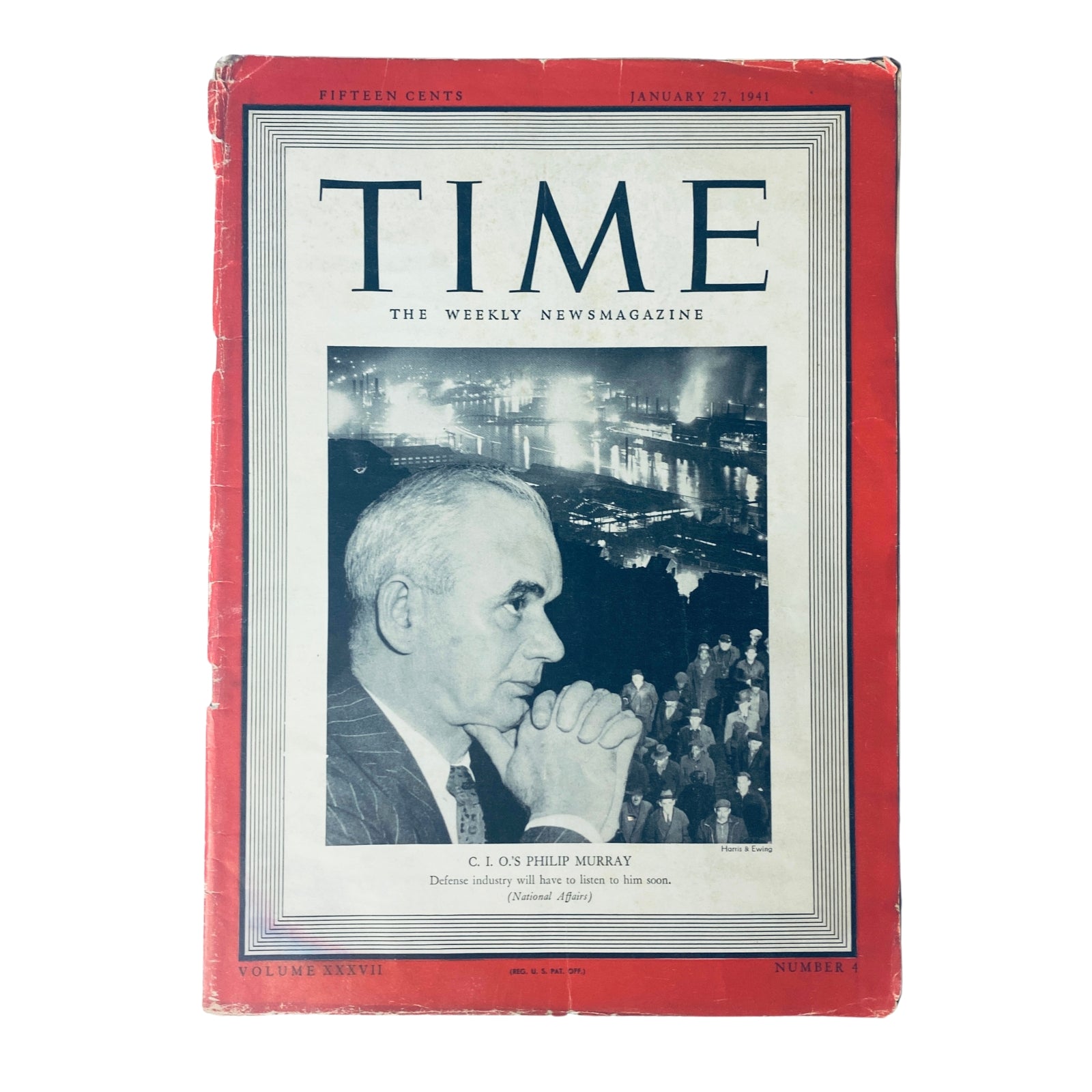 Cover of Time Magazine dated January 27, 1941, featuring Labor Leader Philip Murray. The magazine discusses his advocacy for workers' rights and highlights his role in the Congress of Industrial Organizations.