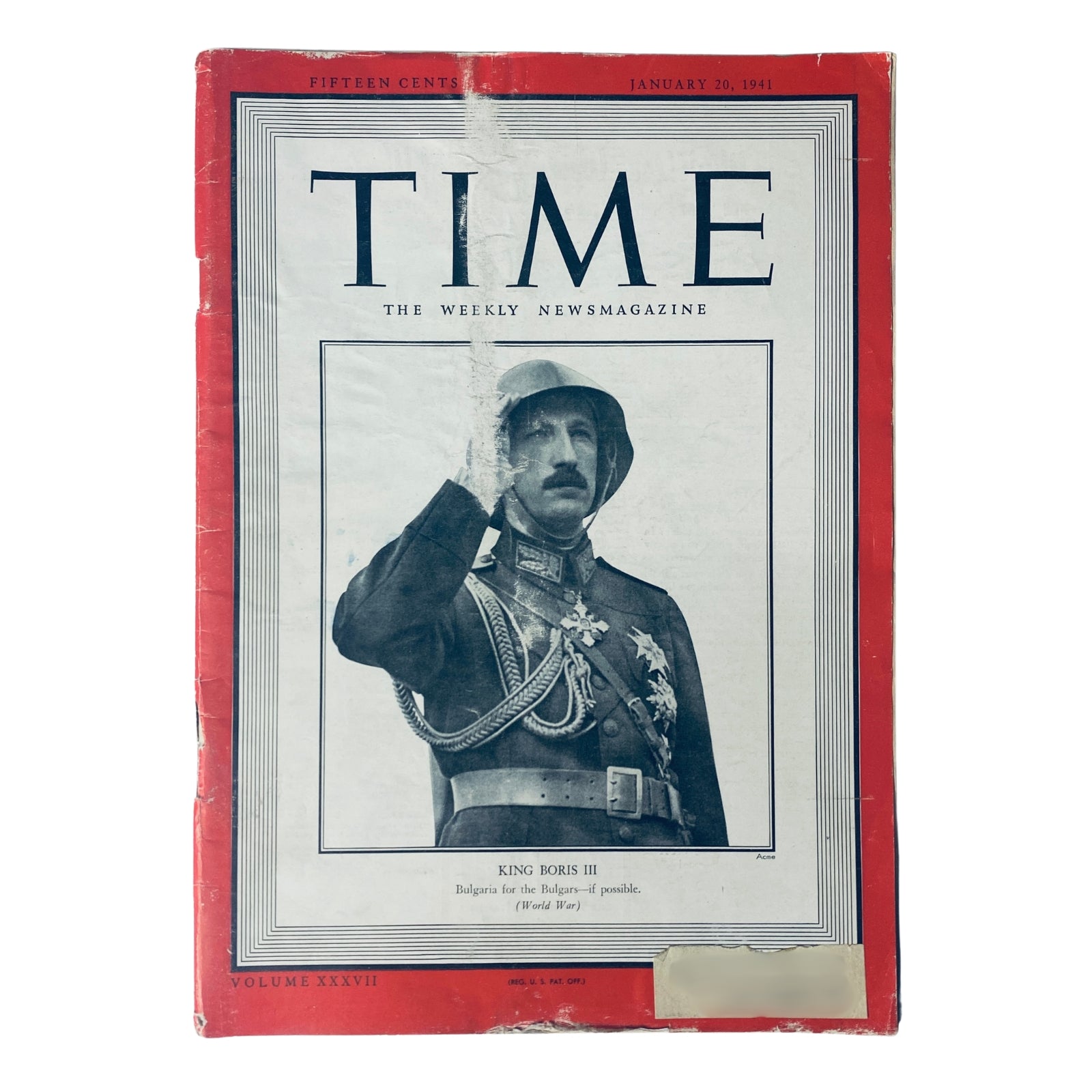 Time Magazine January 20, 1941 Vol 37 No. 3 featuring King Boris III of Bulgaria on the cover, showcasing historical content from World War II era with a good interior condition.