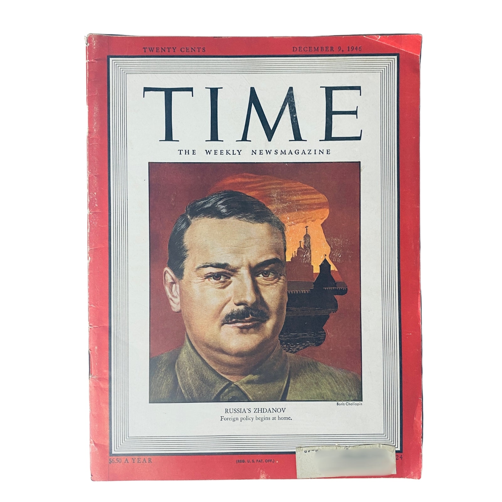 Time Magazine cover from December 9, 1946, Vol 48 No. 24 featuring Russia's Andrei Zhdanov, highlighting his significant role in foreign policy during the Cold War era.