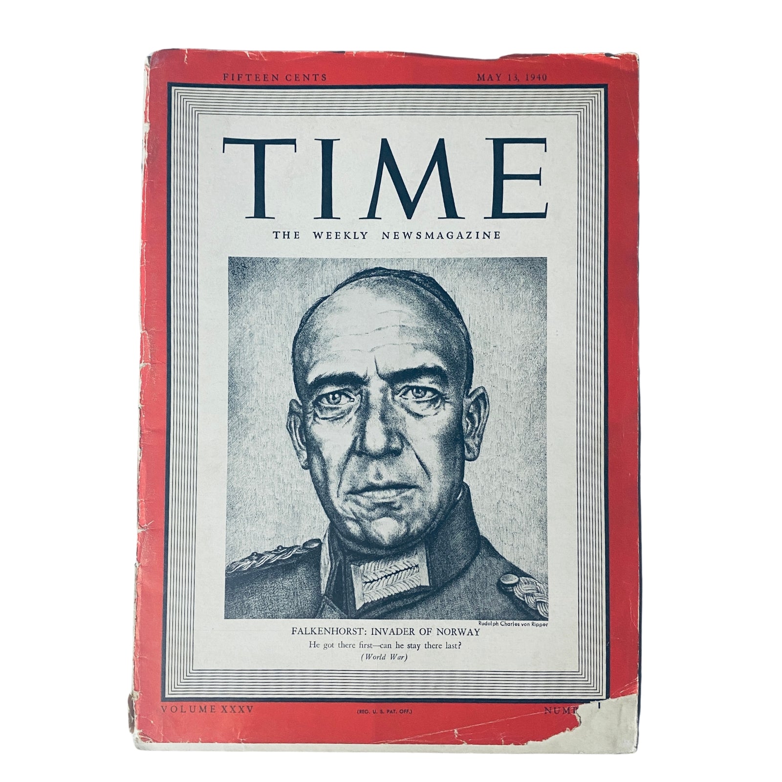 Cover of Time Magazine from May 13, 1940, Volume 35 No. 20 featuring General Nikolaus von Falkenhorst, with the title reading 'Falkenhorst: Invader of Norway'. This historical cover illustrates the German general involved in the Norway invasion during World War II.