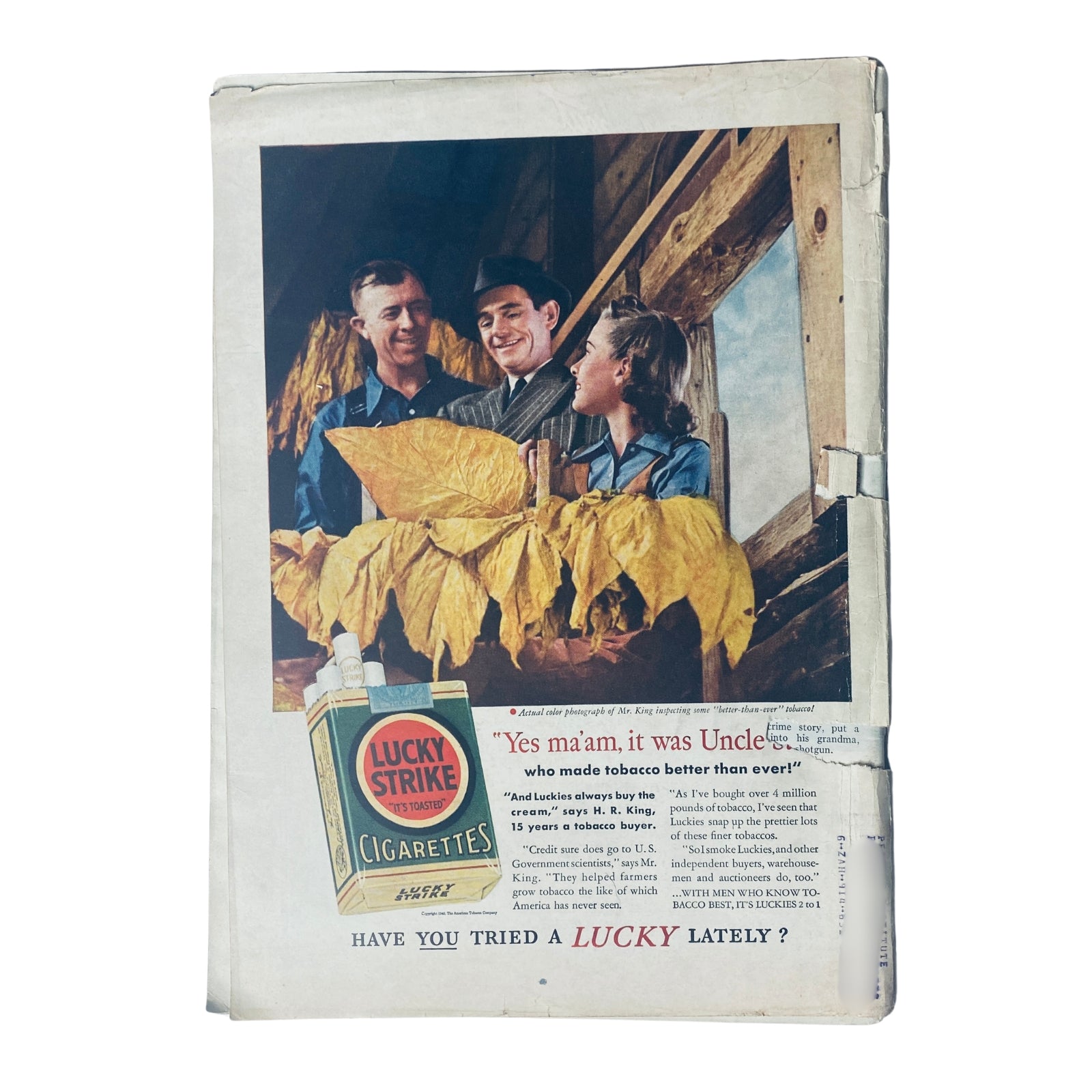 Back cover of Time Magazine from May 13, 1940, Volume 35 No. 20, featuring an advertisement for Lucky Strike Cigarettes, depicting three individuals with tobacco leaves. This vintage ad represents the era's cigarette marketing.