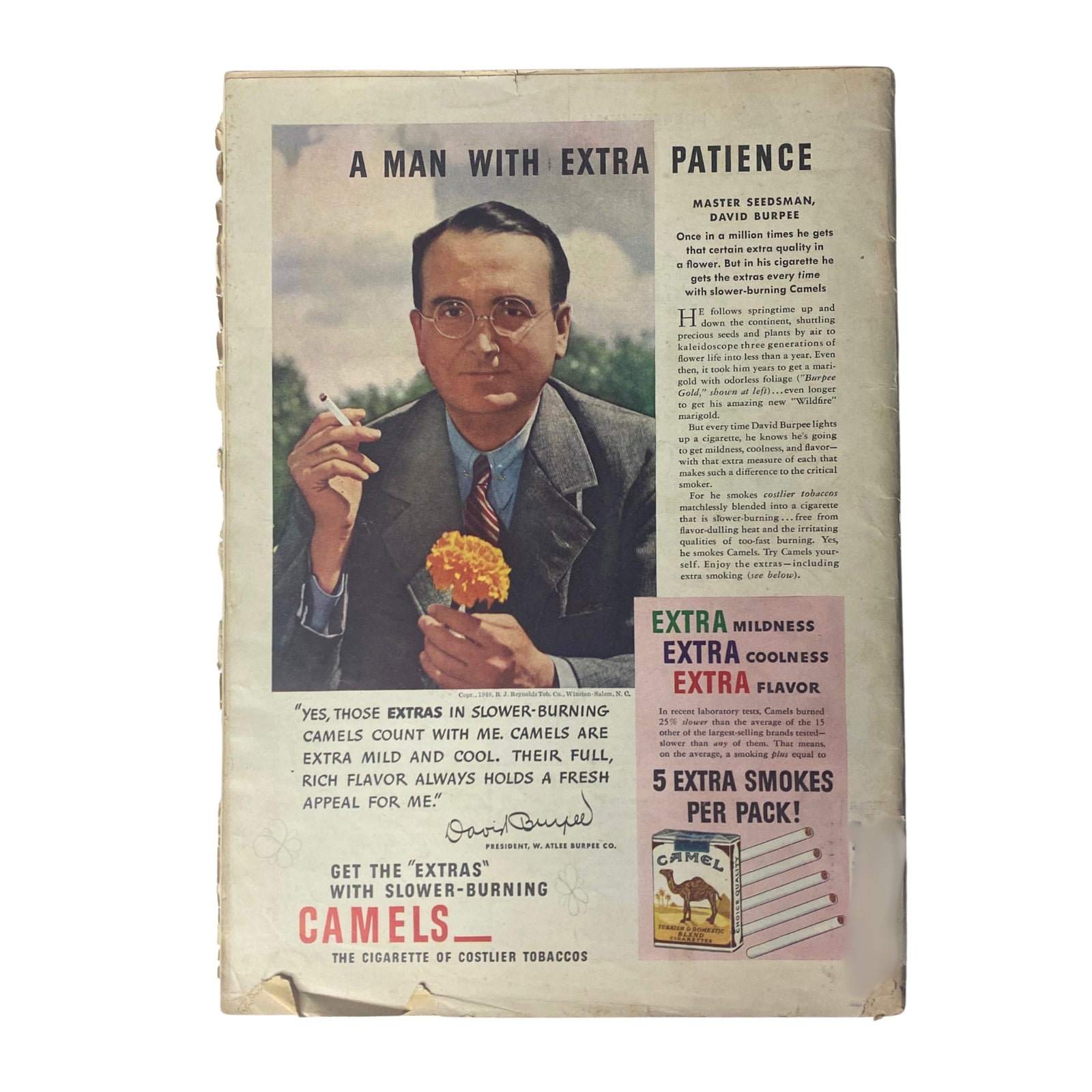 Time Magazine cover from October 21, 1940, featuring Wendell Willkie. Includes vintage advertisement for Camels cigarettes, depicting a man with glasses, a cigarette in hand, and flowers, emphasizing the theme of 'extra patience'.