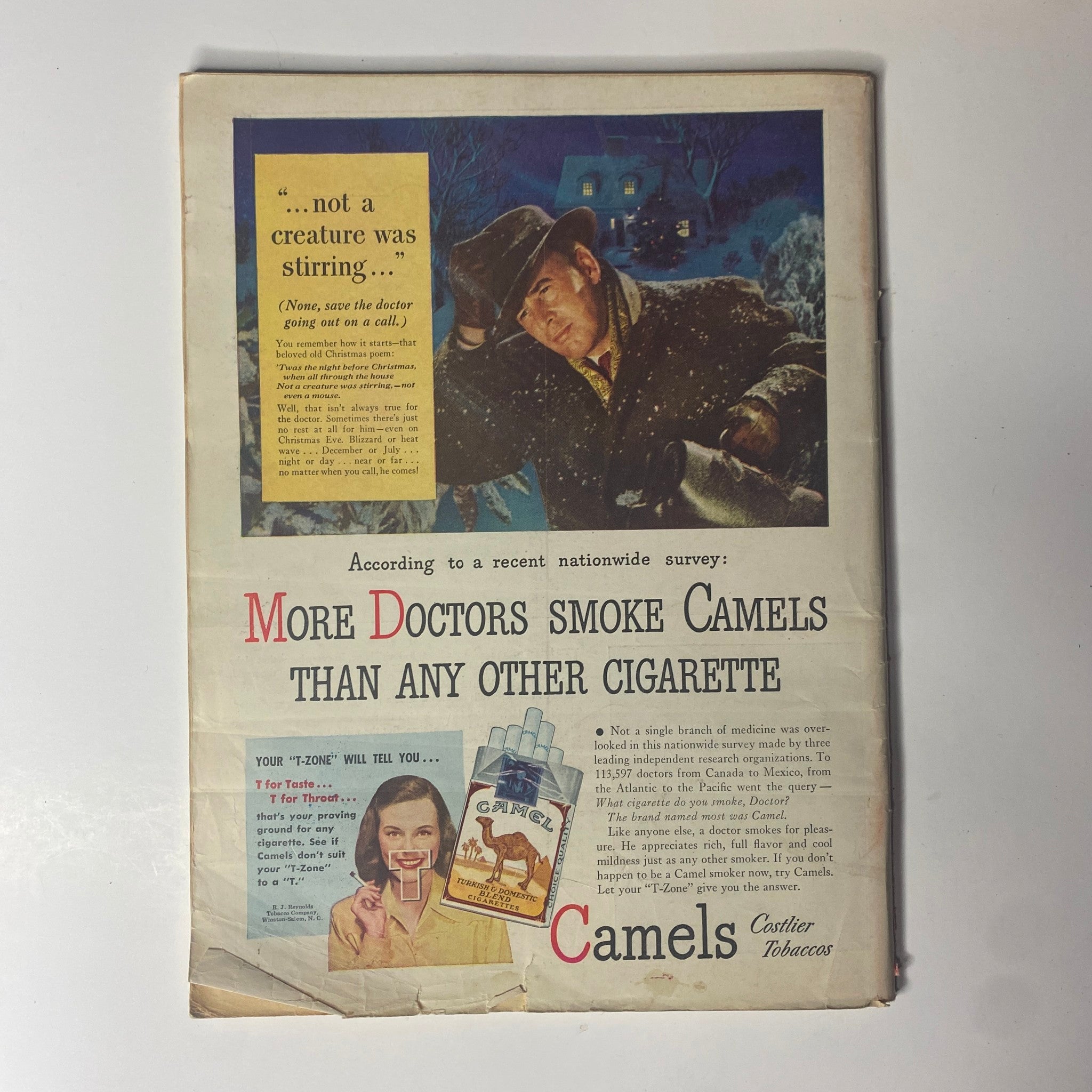 Vintage advertisement from Time Magazine December 16, 1946 promoting Camel cigarettes, showcasing a snowy scene with a male figure and a girl, reflecting mid-20th century smoking culture.