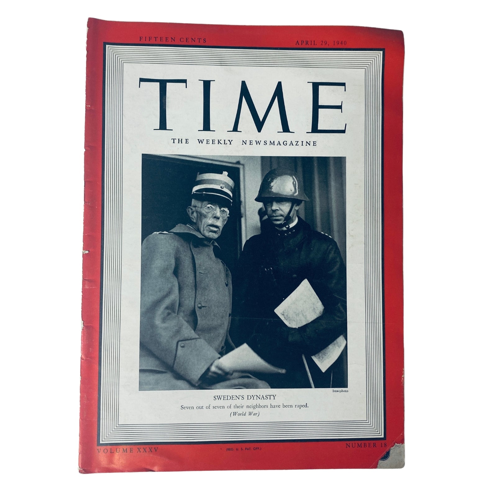 Cover of Time Magazine dated April 29, 1940, Volume 35, Number 18 featuring a focus on Sweden’s Dynasty, with images reflecting the nation's royal family amid the wartime context.