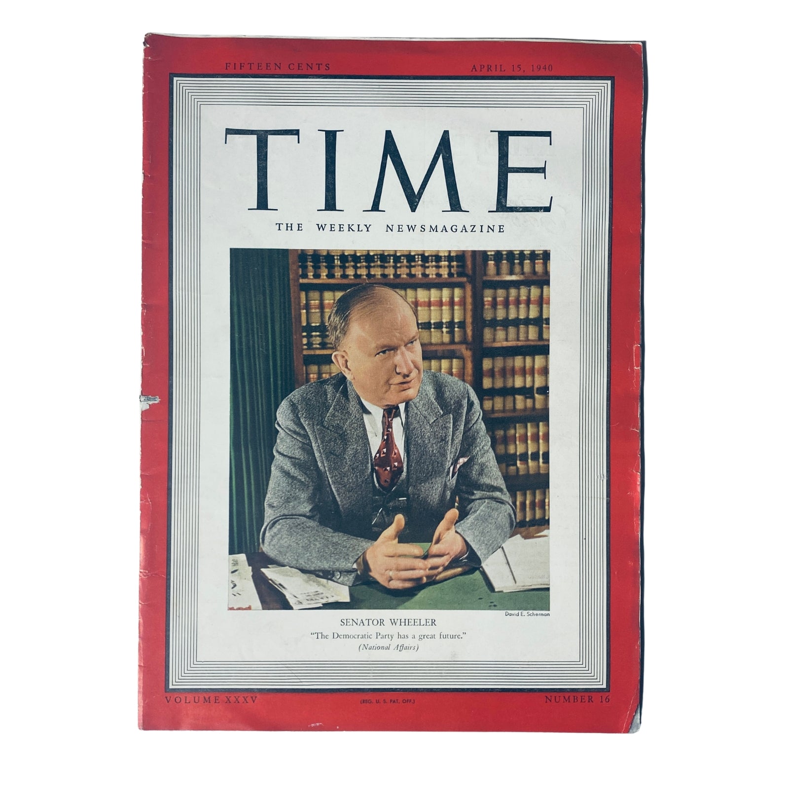 Cover of Time Magazine dated April 15, 1940, featuring Senator Burton K. Wheeler, showcasing his portrait with a formal pose, surrounded by bookshelves. This issue explores the political landscape of 1940 and Wheeler's role in the America First movement.