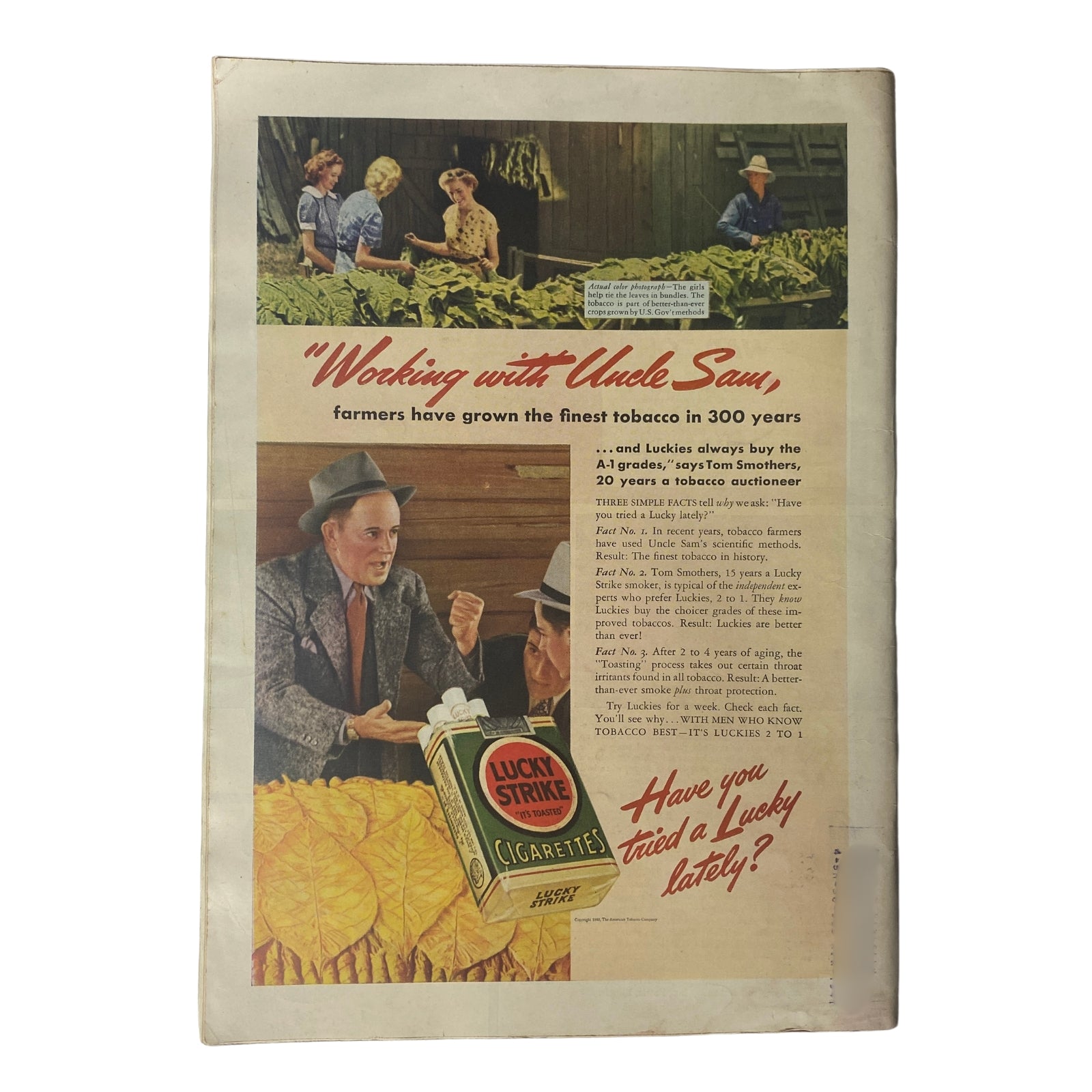 Advertisement from Time Magazine dated April 15, 1940, featuring an illustration titled 'Working with Uncle Sam,' showcasing farmers in a tobacco field discussing the quality of tobacco for Lucky Strike cigarettes. This ad emphasizes the partnership between farmers and the U.S. government in producing premium tobacco.