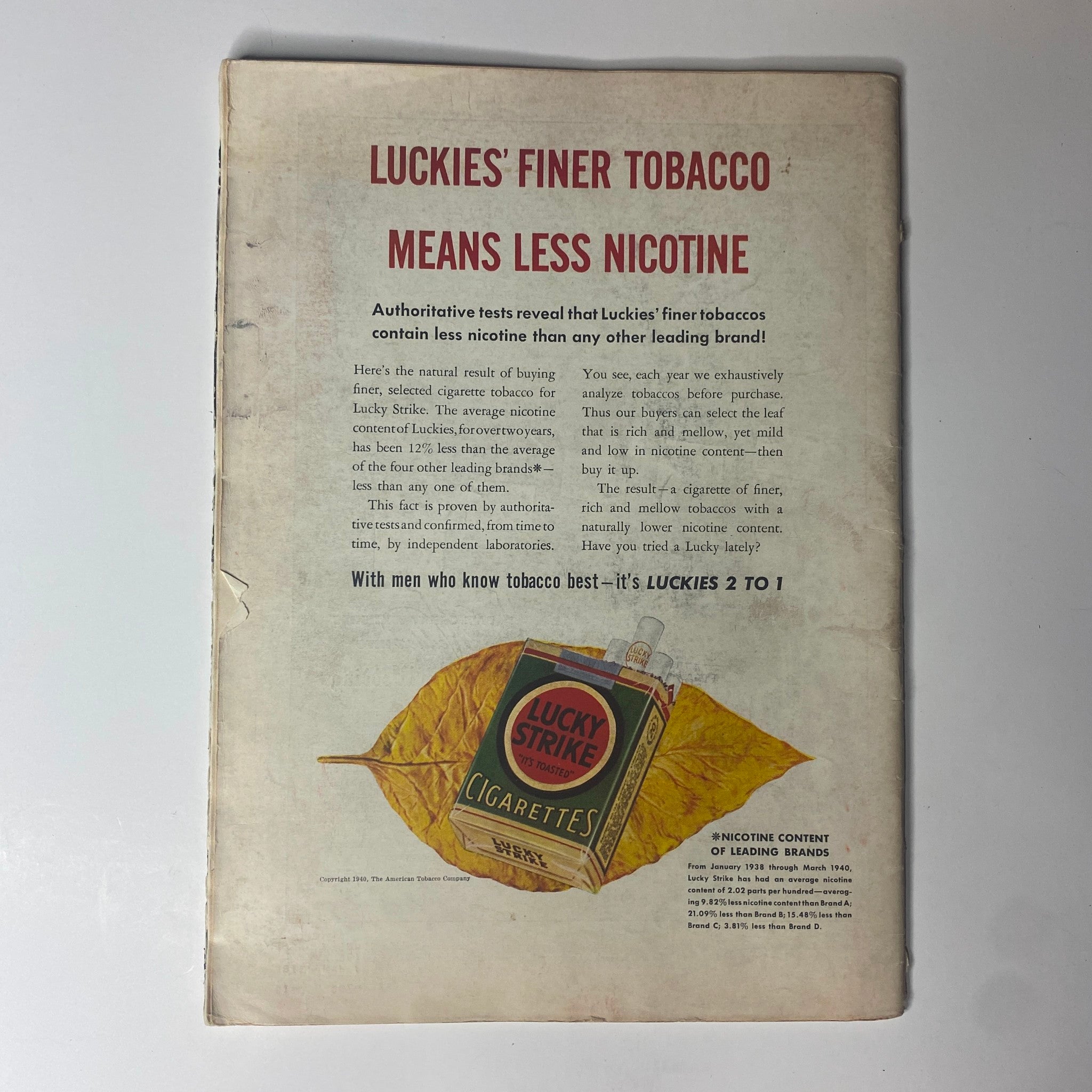 Back cover of the July 8, 1940 Time Magazine featuring a vintage advertisement for Lucky Strike cigarettes, emphasizing lower nicotine content.
