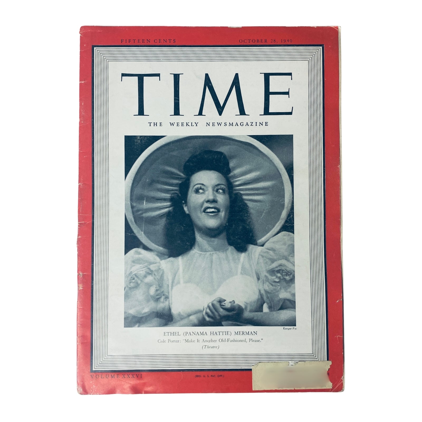 Cover of Time Magazine, October 28, 1940, featuring Ethel "Panama Hattie" Merman. Highlighting her iconic role in Broadway history.