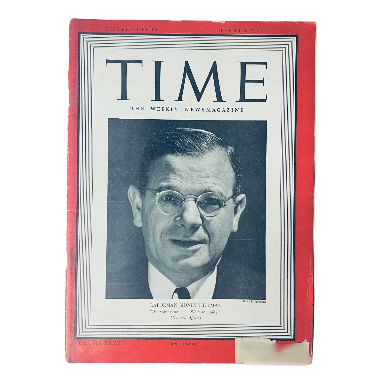 Cover of Time Magazine, December 2, 1940, Vol 36 No. 23, featuring labor leader Sidney Hillman. The magazine emphasizes Hillman's influence in labor politics during the New Deal era.