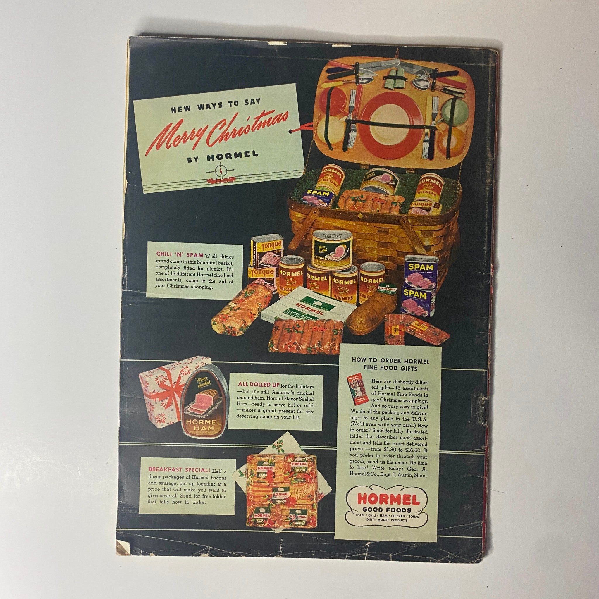 Vintage advertisement from Hormel Foods, featured in Time Magazine, showcasing holiday gift ideas and products such as Spam and Hormel meat products for festive meals.